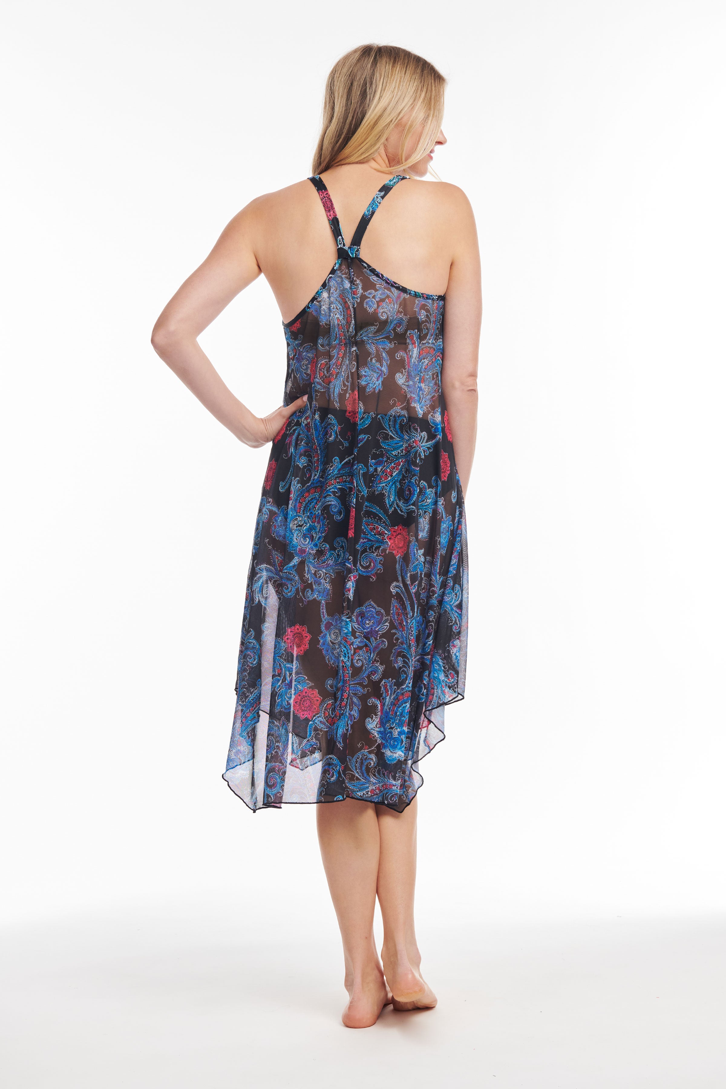 Flowy Mesh Coverup Tank Dress - Mid Length Linework Paisley Design | Beach Cover Up, Summer Dress, Boho Chic Outfit for Pool Party & Vacation