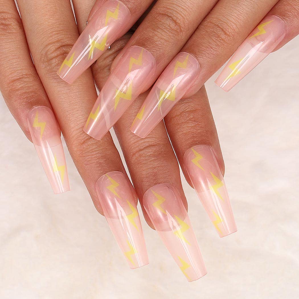 Extra Long Coffin Press on Nails - 24pcs Glossy Acrylic Fake Nails with Elegant Designs for Women & Girls | Ballerina False Nails for Parties, Weddings, and Special Occasions (Lightning Style)
