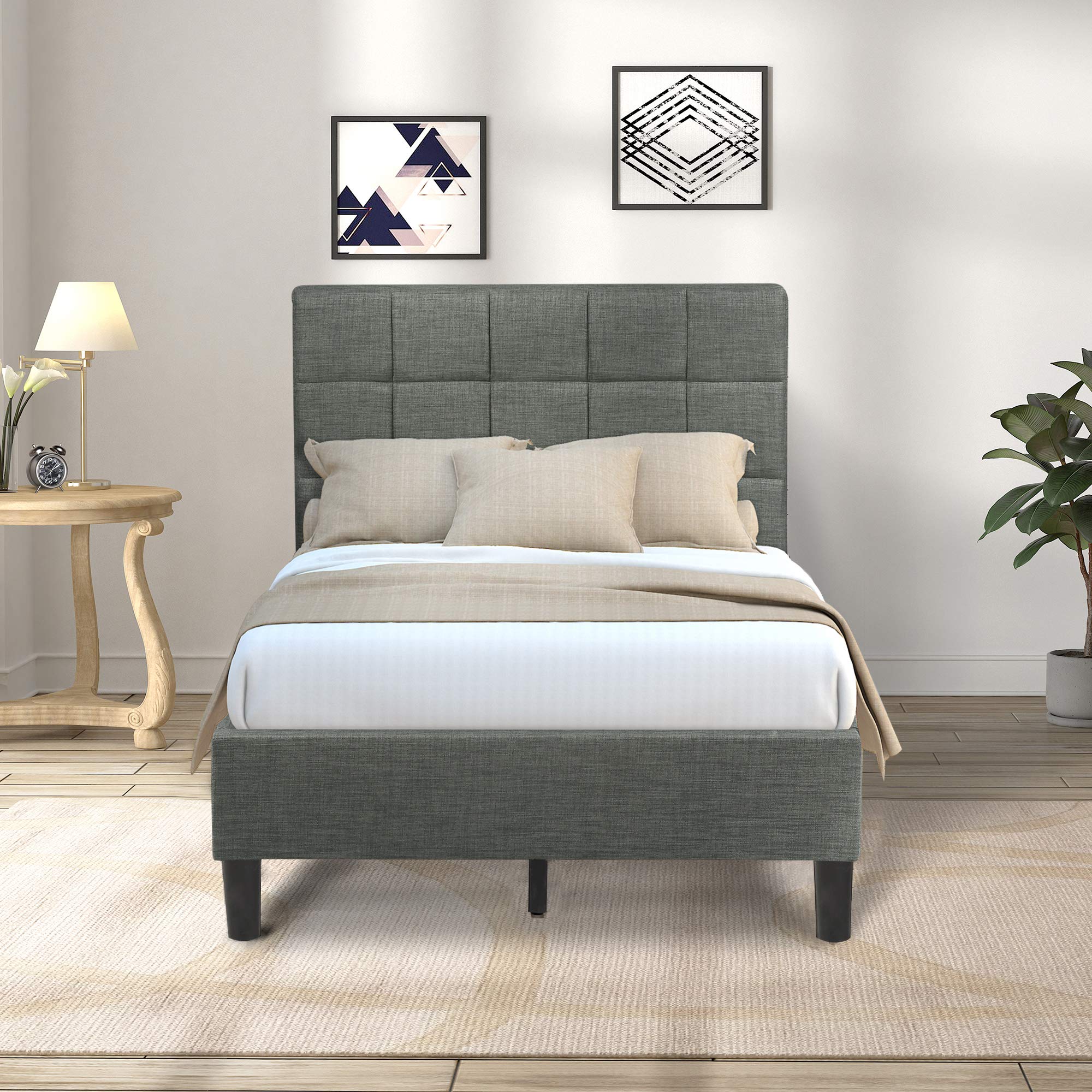 Twin Bed Frame with Upholstered Headboard - Sturdy Wood Slat Support Platform Bed (Grey) | No Box Spring Needed | Perfect for Small Bedrooms, Guest Rooms & Dorm Rooms