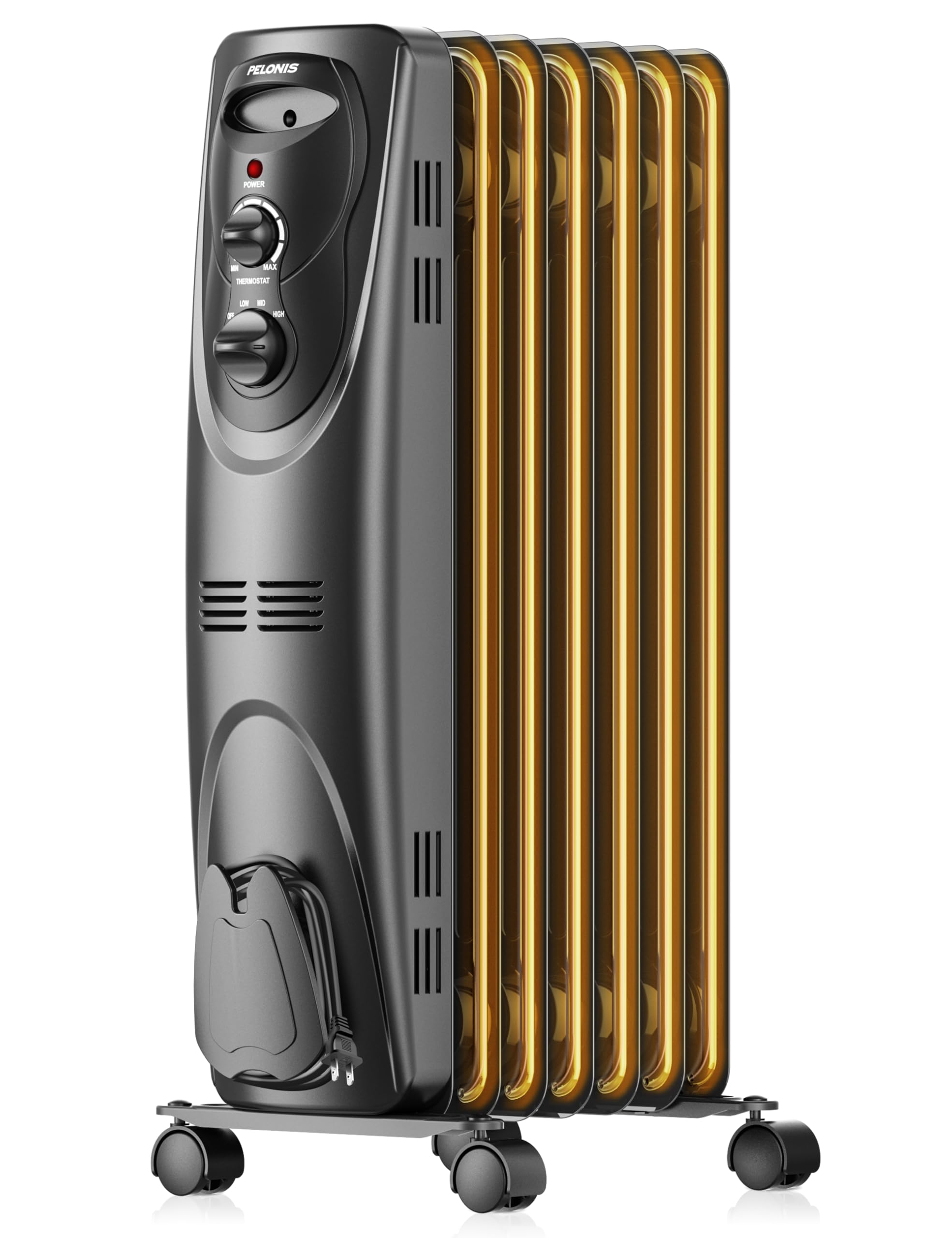 PELONIS PHO15A2AGB 1500W Electric Oil Filled Radiator Heater - Portable Space Heater for Home, Office, Bedroom - Black, 26.1