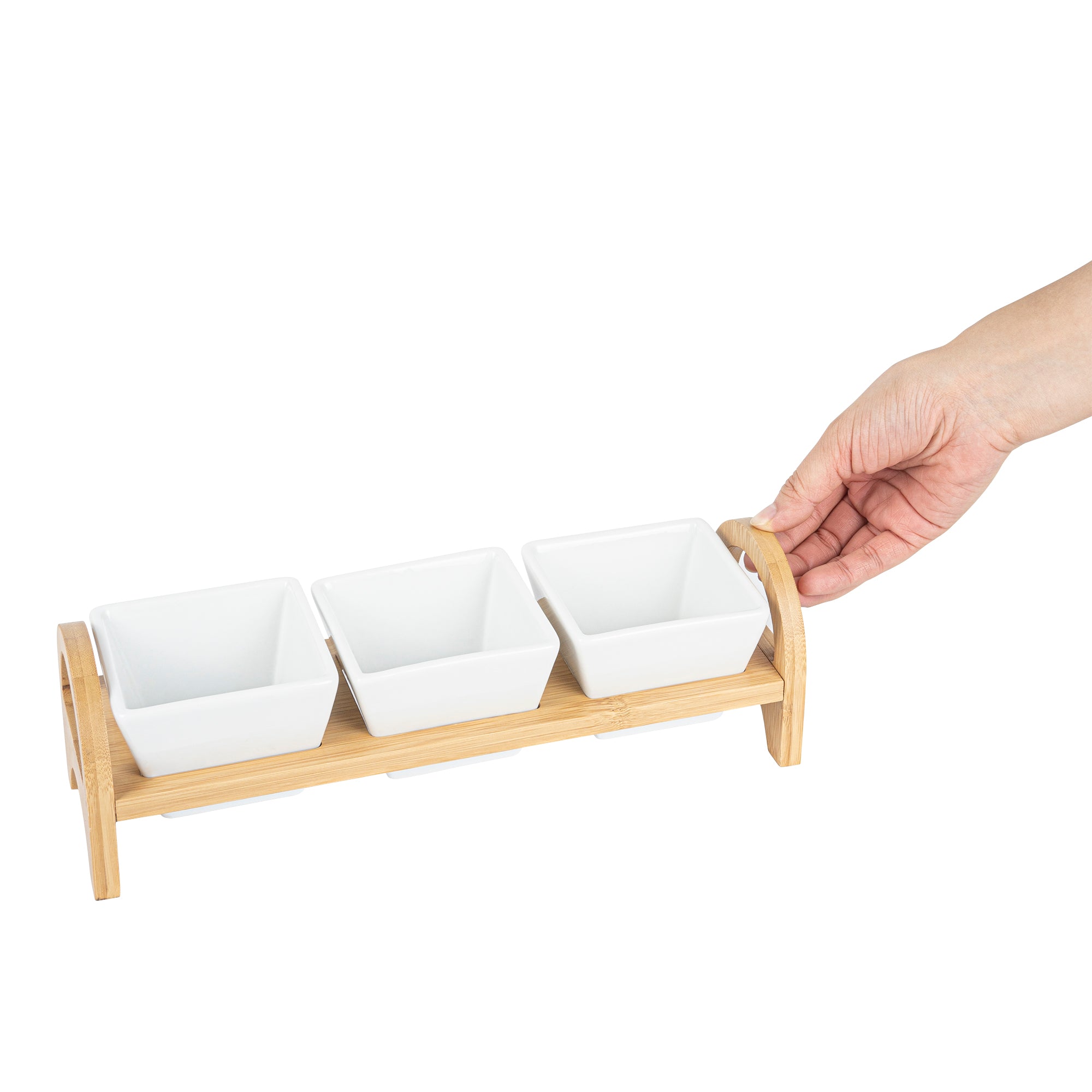 21 oz White Porcelain Kova Bowl Set with Bamboo Tray - 3 Rectangle Bowls (12 x 3.75 x 3.5 Inches) - Perfect for Serving Salads, Snacks & Desserts - 1 Count Box