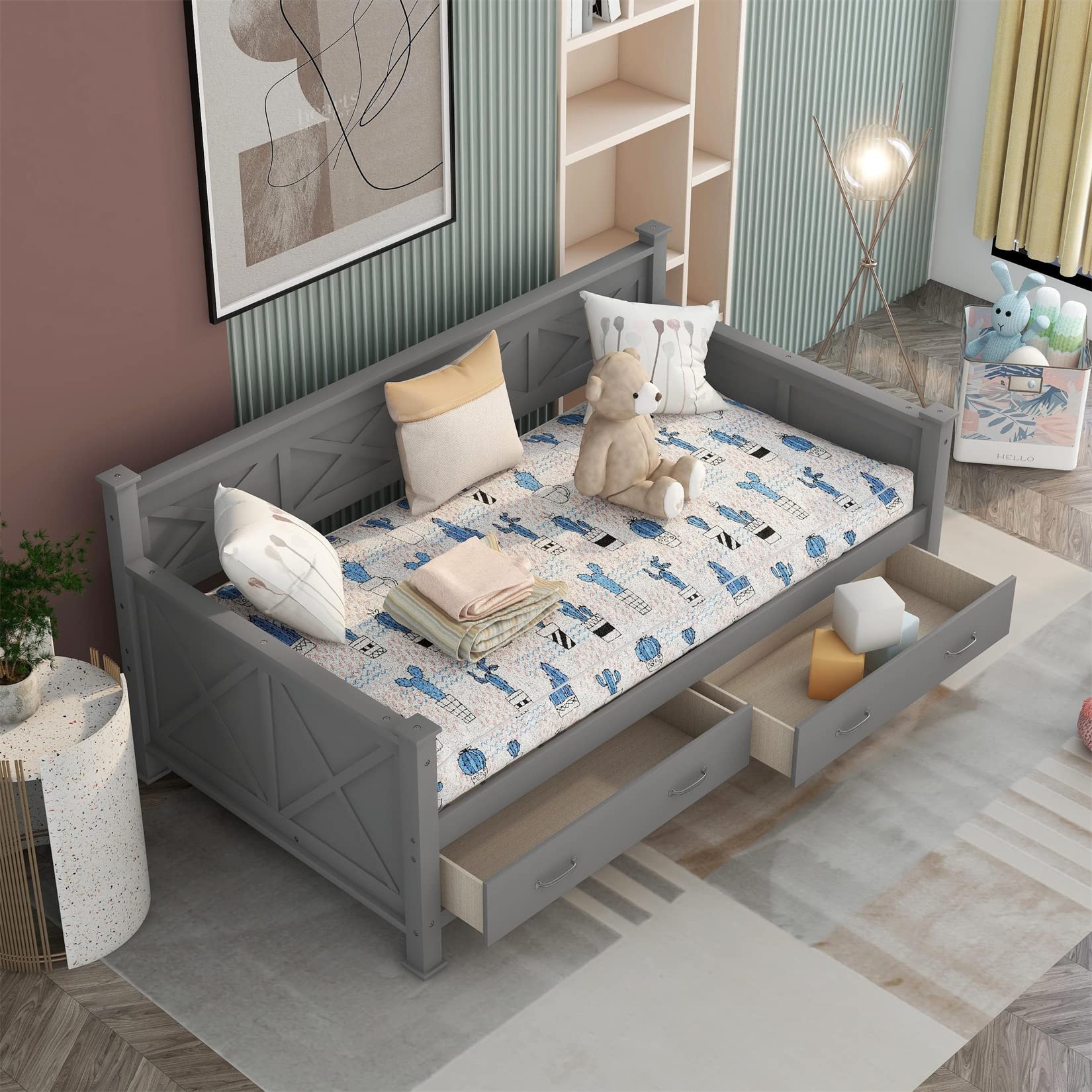 Wooden Daybed with 2 Storage Drawers - Gray Platform Bed for Kids & Guest Room - Space-Saving Furniture for Small Bedrooms, Sleepovers, and Dorm Rooms