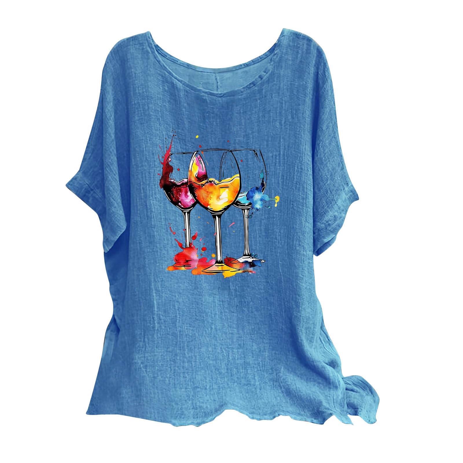 Women's Cotton Linen Short Sleeve Graphic T-Shirt - Sunflower & Dandelion Wine Glass Design - Casual Summer Blouse for Outdoors, Picnics, and Wine Tasting Events