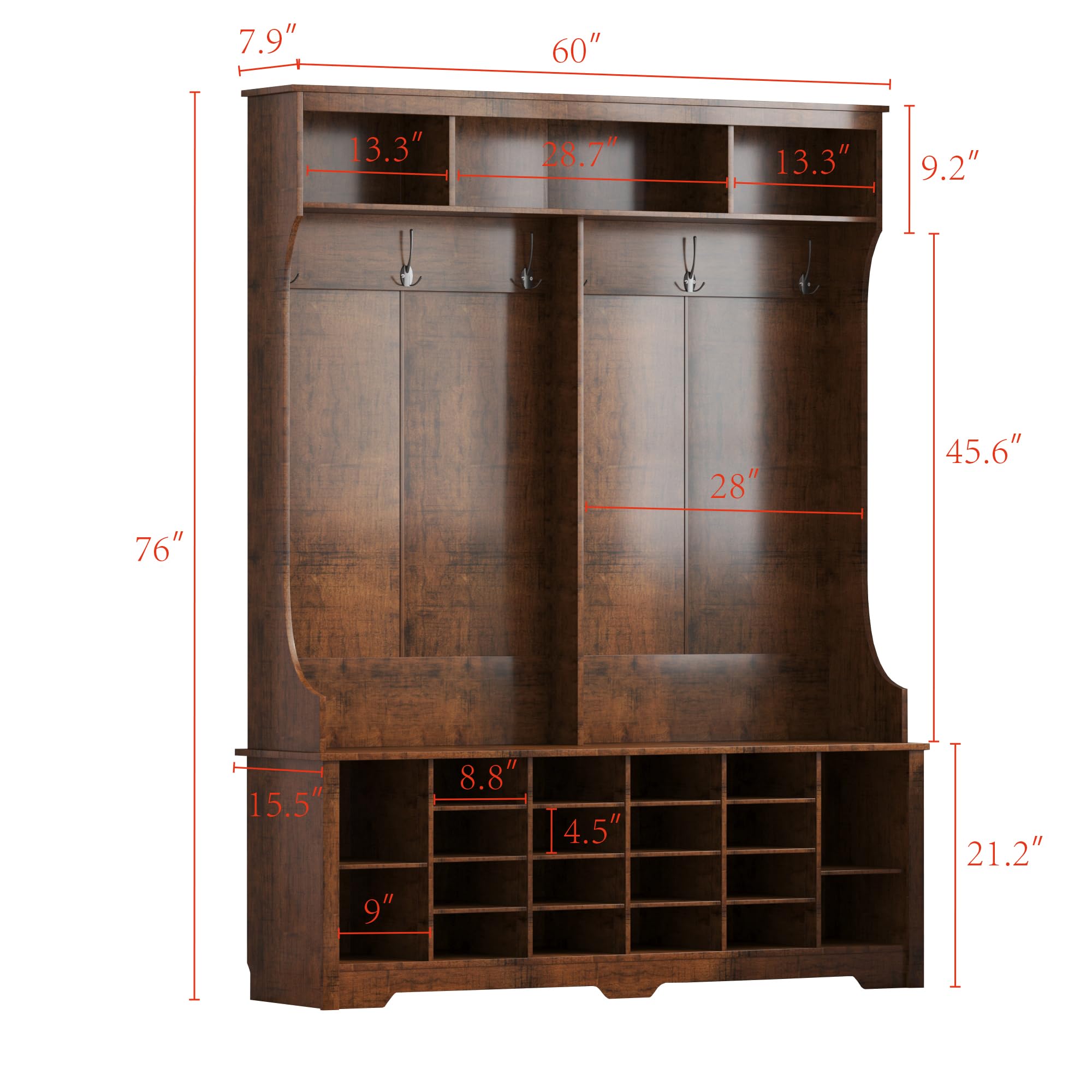 4-in-1 Hall Tree Entryway Bench with Coat Rack & Shoe Organizer - 6 Hanging Hooks & Adjustable Storage Shelves for Hallway, Bedroom, Living Room - Perfect for Small Space Organization & Entryway Decor (Dark Brown)