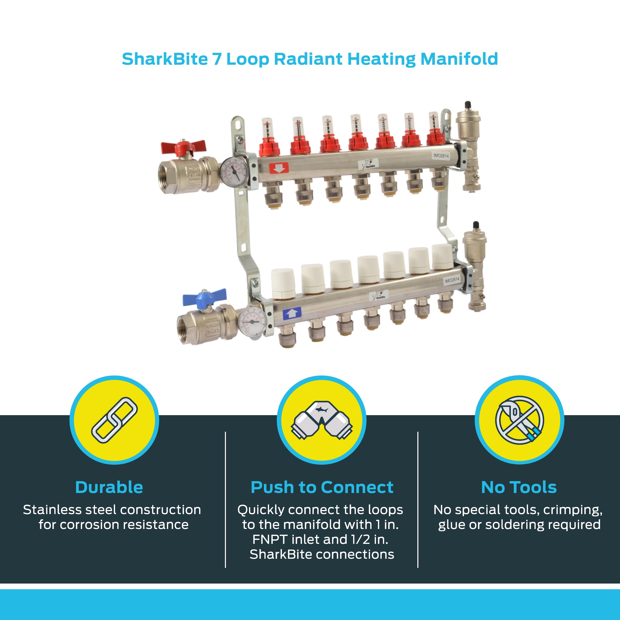 SharkBite 7 Loop Radiant Heating Manifold - Push to Connect Brass Plumbing Fitting for PEX Pipe & PE-RT (Model 24934) - Perfect for Hydronic Radiant Floor Heating Systems & Home Plumbing Projects