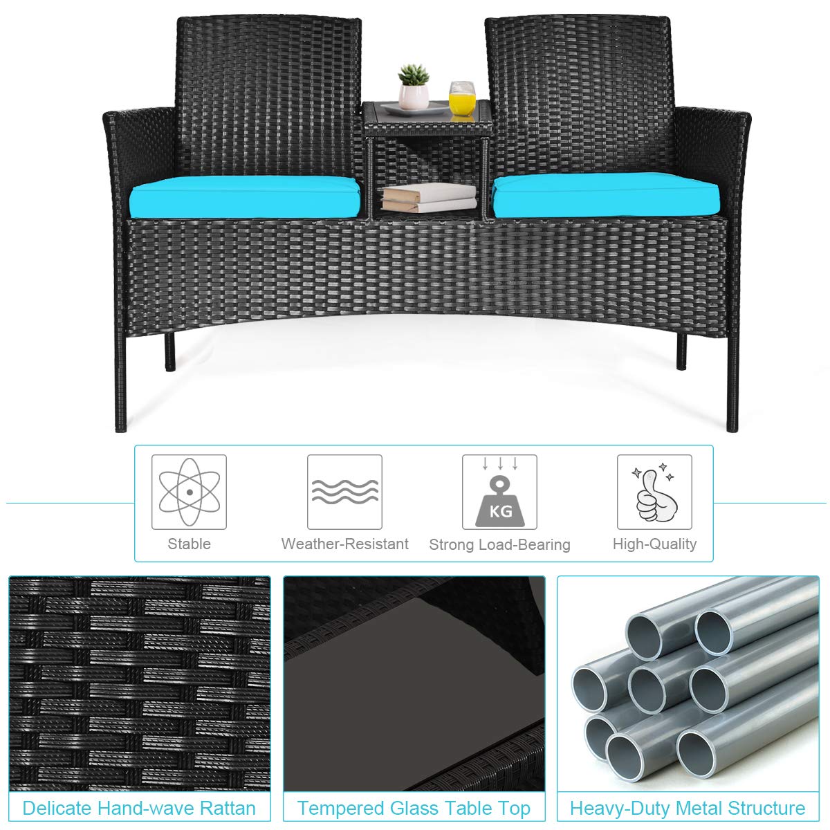 Modern Outdoor Rattan Loveseat Sofa Set with Cushions & Coffee Table - Patio Conversation Furniture with Tempered Glass Top - Perfect for Garden, Lawn, Backyard & Poolside Relaxation (Turquoise)