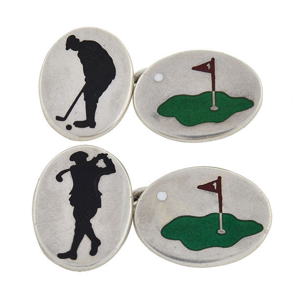 Antique Victorian Sterling Silver & Enamel Golf-Themed Cufflinks - Elegant English Motif Jewelry for Men - Perfect for Weddings, Business Meetings & Formal Events