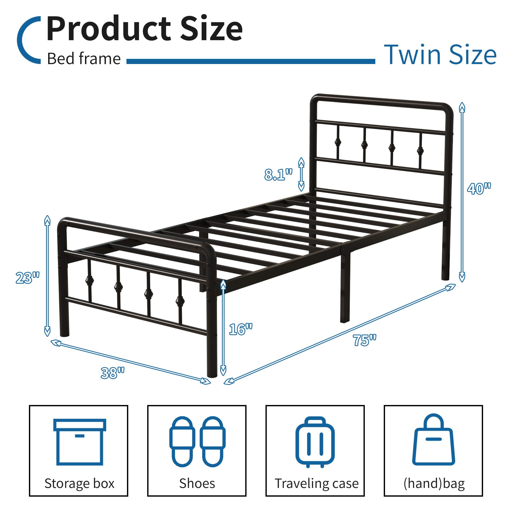 Classic Victorian Style Metal Twin Bed Frame with Headboard & Footboard - 16 Inch Heavy Duty Platform, No Box Spring Needed - Perfect for Guest Rooms, Kids' Bedrooms & Under Bed Storage