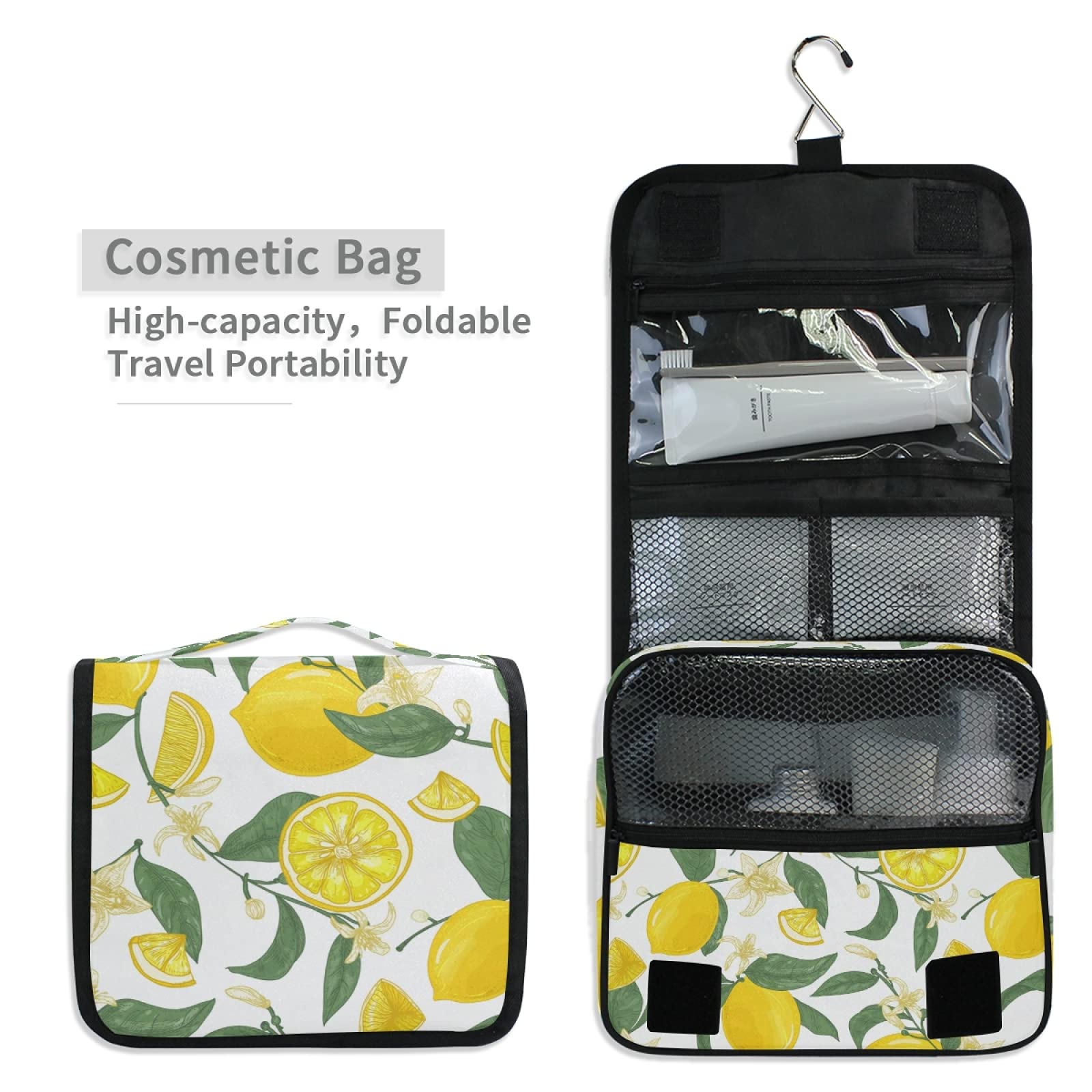 ALAZA Yellow Lemon Citrus Fruit Hanging Toiletry Bag for Women - Large Capacity Waterproof Travel Cosmetic Bag with Hook, Perfect for Bathroom Storage & Makeup Organizer | Ideal for Travel, Gym, and Home Use
