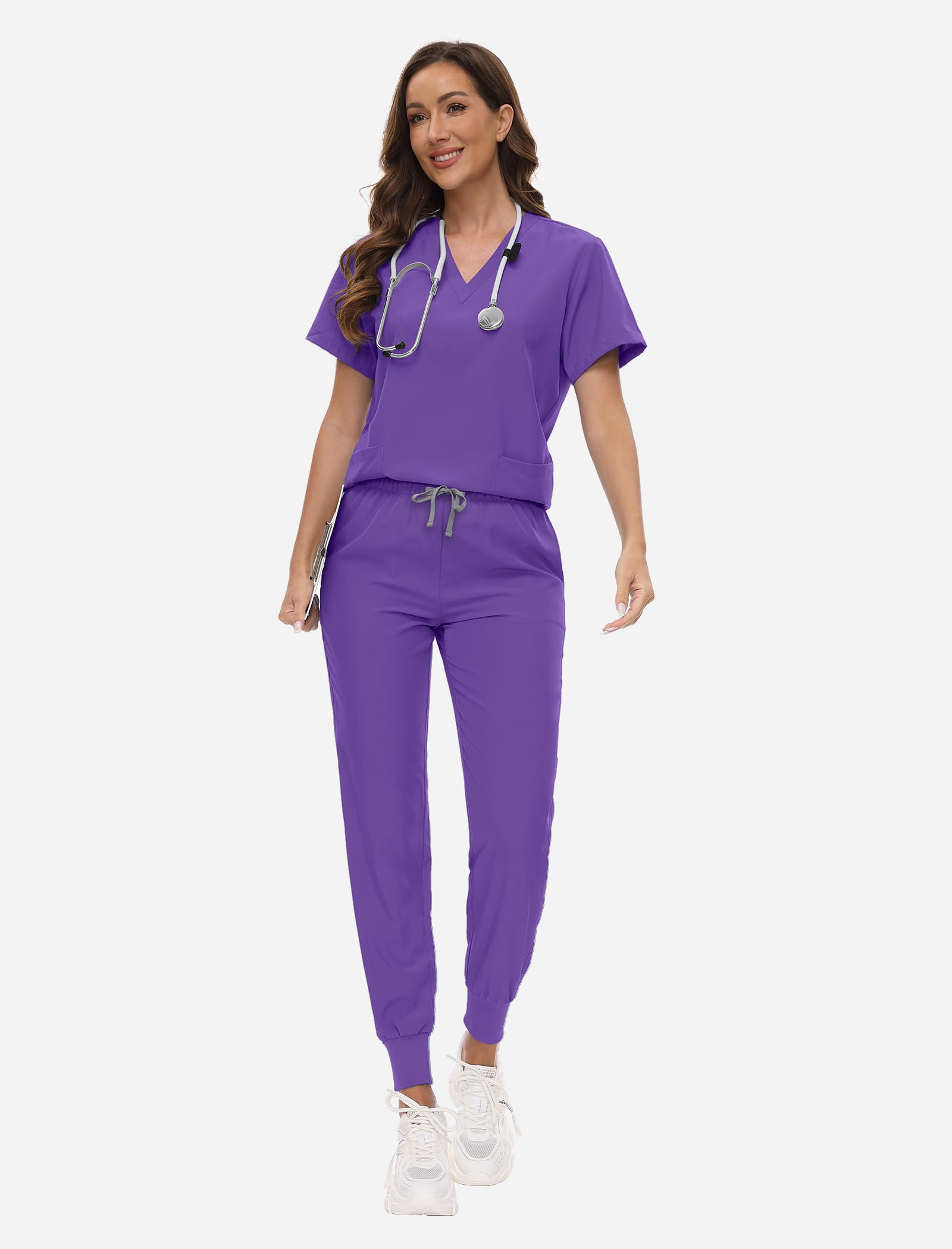 VIAOLI Women's Stretch Nursing Scrubs Set - V-Neck Pocket Top & Drawstring Jogger Pants | Comfortable Medical Uniform for Nurses, Doctors & Healthcare Workers | Perfect for Hospital Shifts, Clinics & Long Work Hours