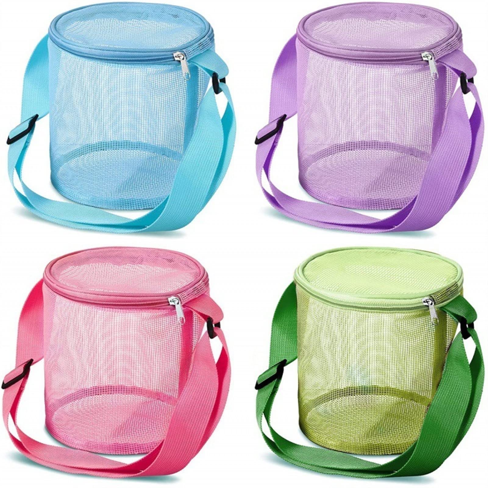 TOMYEUS Mesh Seashell Collection Bag - Durable Cylinder Beach Toy Organizer with Adjustable Straps & Zipper - Perfect for Shell Hunting, Beach Trips & Outdoor Adventures (Green/Violet/Blue/Pink)