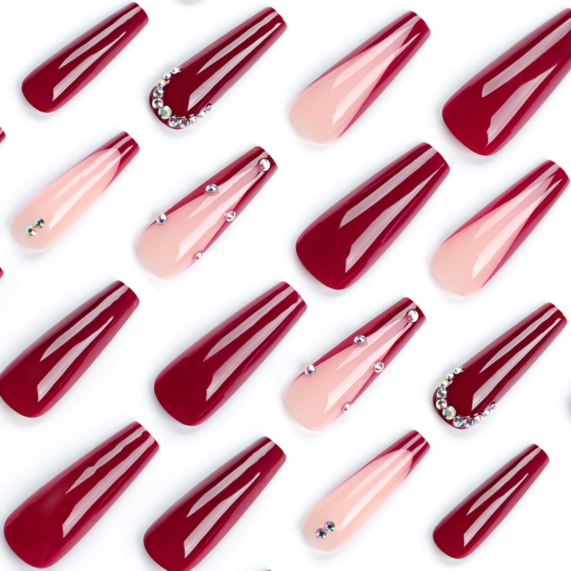 IMSOHOT 24 Pcs Coffin Long Press on Nails - Red French Tip Fake Nails with Rhinestone Designs, Full Cover Glue on Acrylic Ballerina Nails Kit for Women | Perfect for Parties, Weddings & Special Occasions