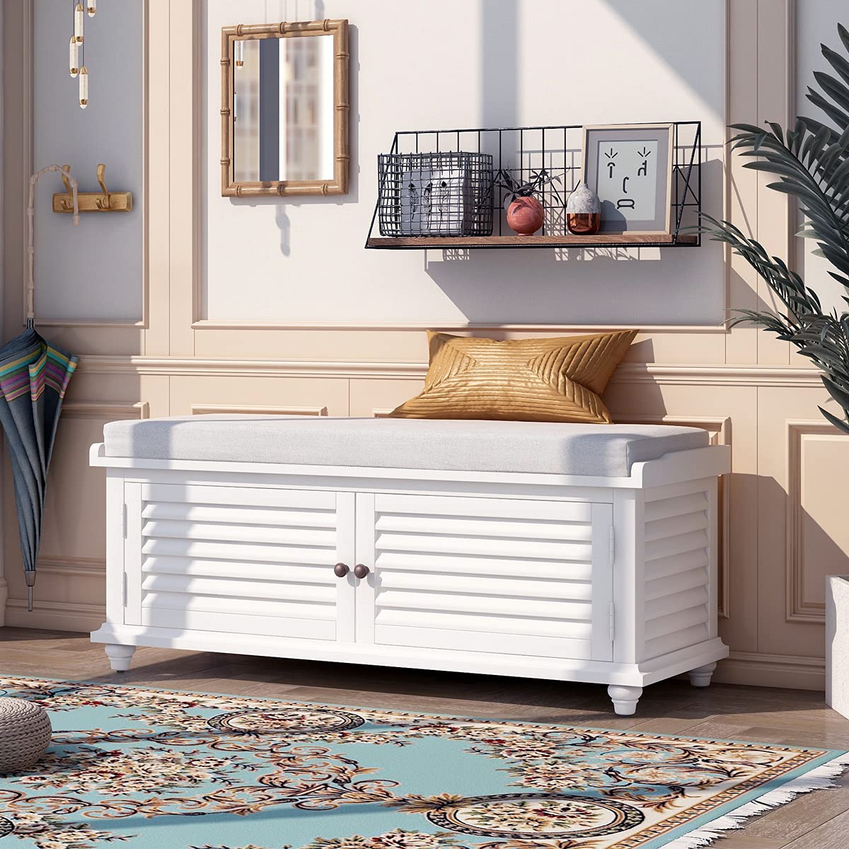 Teeker Wooden Storage Bench with Removable Cushion - Louver Design Entryway Shoe Bench for Living Room & Bedroom - White - Perfect for Organizing Shoes & Home Decor in Hallway, Closet or Dressing Area