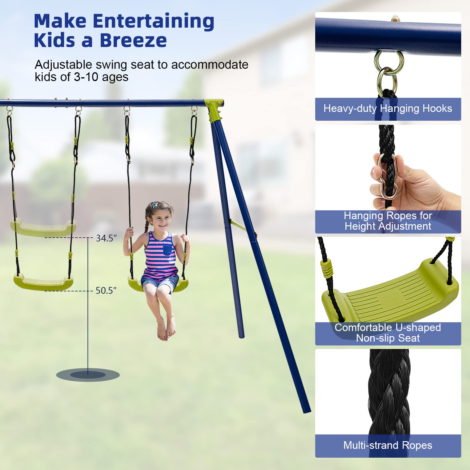 Costzon 440 lbs Heavy Duty 2-in-1 Metal Swing Set for Backyard - Extra Large Outdoor Playground Equipment with 2 Swings, Glider & Adjustable Hanging Ropes - Durable Kids Swing Stand for Gardens, Parks & Play Areas