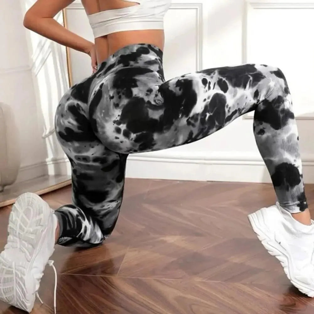 Black Seamless Yoga Pants for Women - High Waist Workout Leggings with Butt Lifting Design & Tie-Dye Pattern | Perfect for Gym, Running, Pilates & Lounge Wear