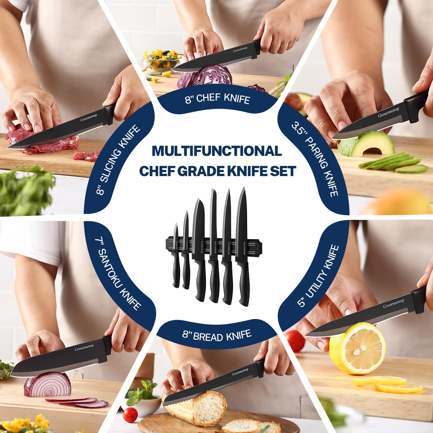 Premium 6-Piece Kitchen Knife Set with Magnetic Strip - No Drilling Required - Professional Stainless Steel Chef Knives for Meat, Vegetables & Fruits - Includes Chef Knife, Utility Knife & Paring Knife - Ideal for Home Cooking, Restaurant Use & Gift Giving