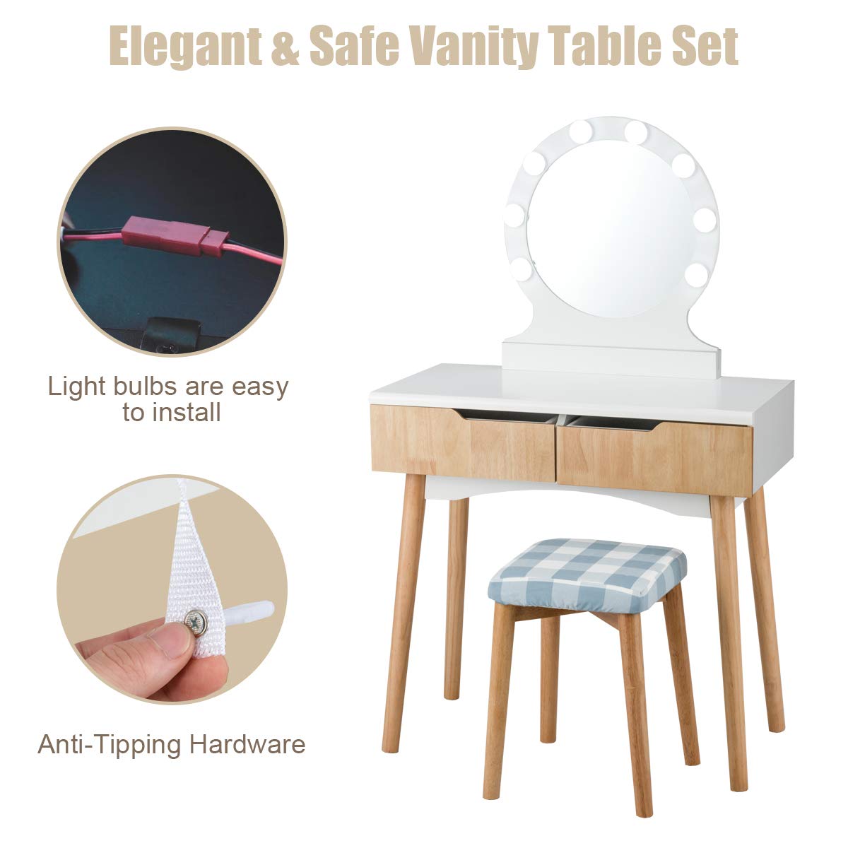 Giantex Natural Wood Vanity Set with Round Lighted Mirror - Adjustable Brightness Makeup Dressing Table with 8 LED Bulbs, Cushioned Stool & 2 Sliding Drawers | Perfect for Bedroom Decor, Bridal Makeup & Beauty Organization