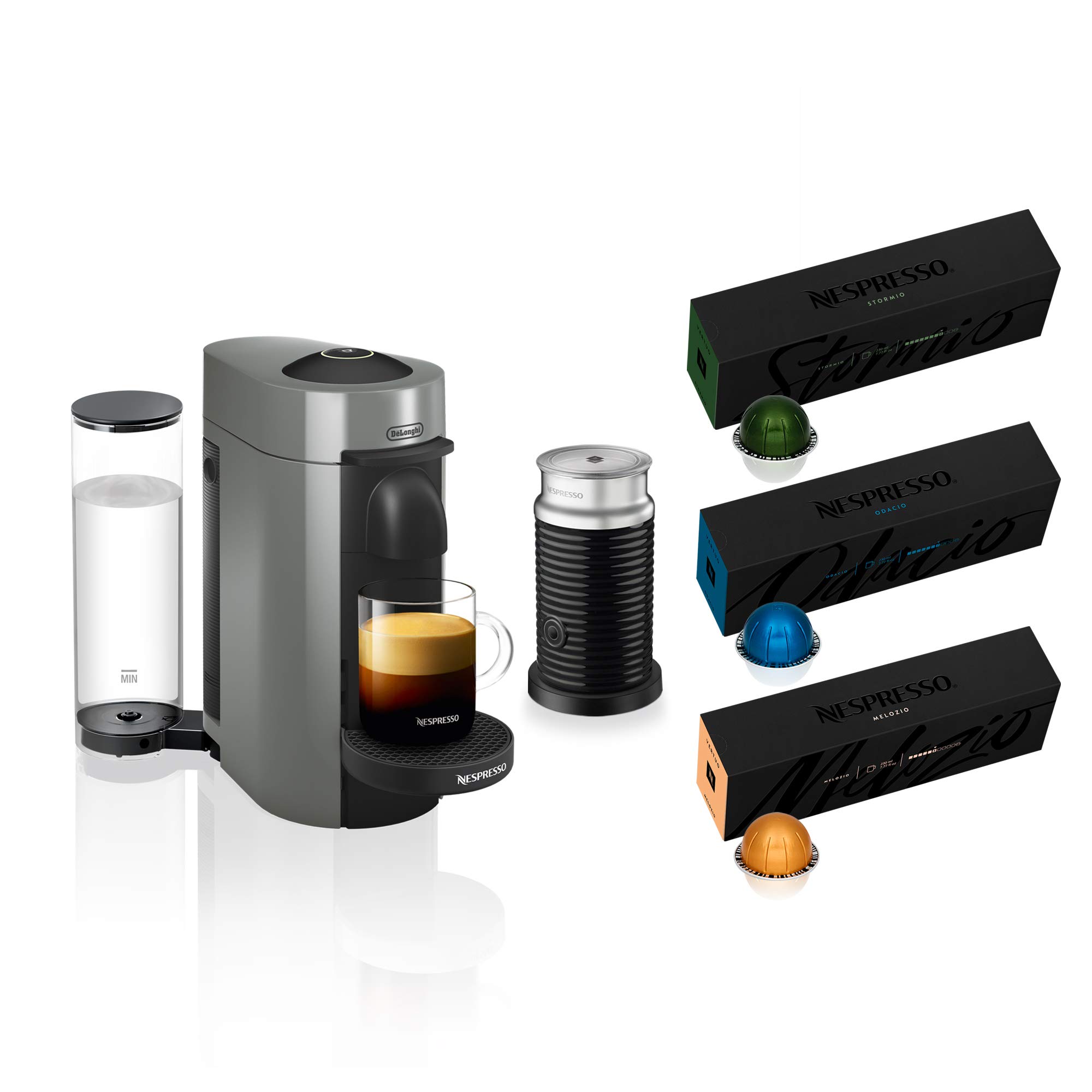 De'Longhi Nespresso VertuoPlus ENV150GYAE Coffee & Espresso Machine Bundle with Aeroccino Milk Frother, Graphite Metal - Includes VertuoLine Variety Pack Coffees for Home & Office Brewing