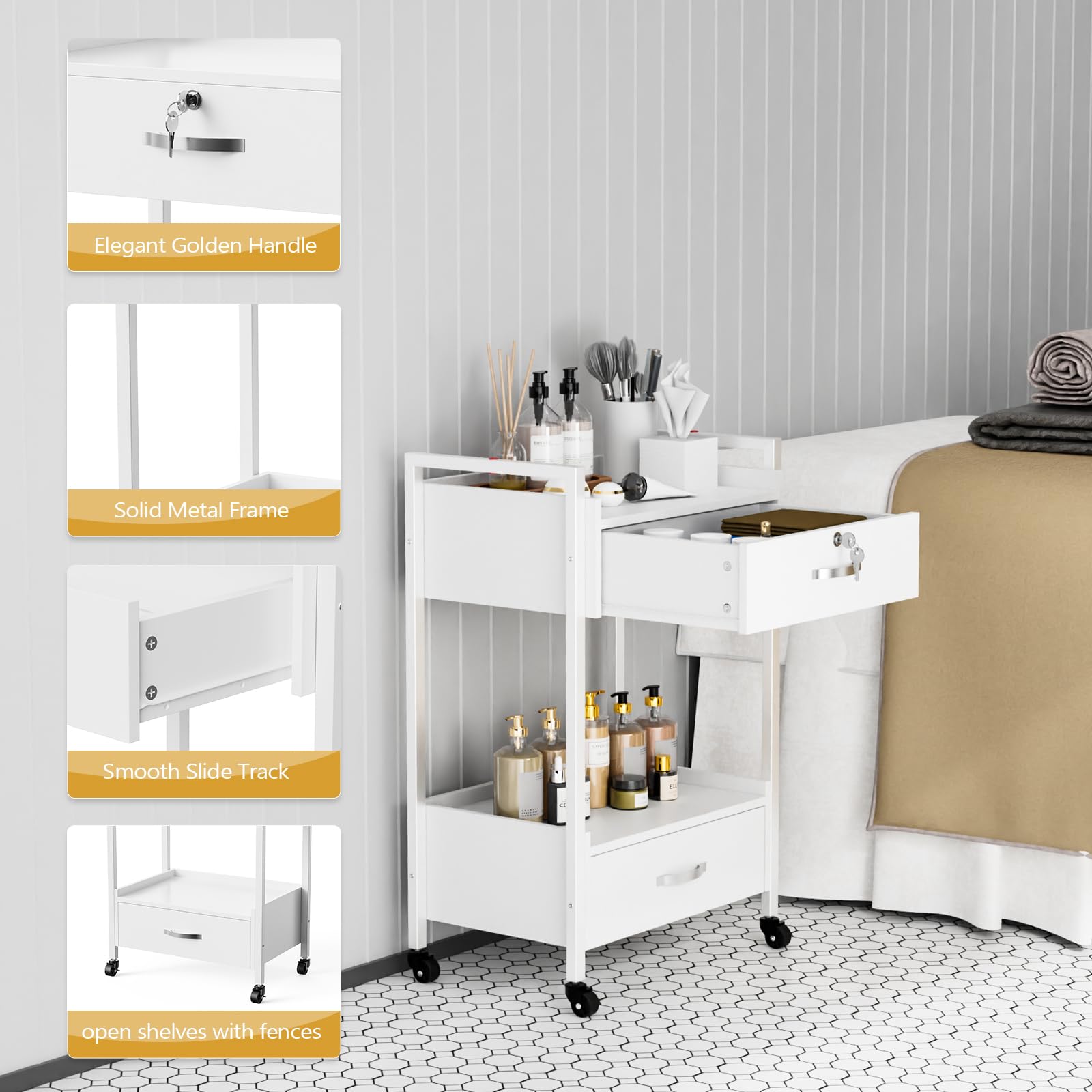 OmySalon Professional Salon Trolley Cart with Wheels - 2 Drawers & 2 Trays Mobile Storage Organizer for Beauty Spa, Massage, Tattoo & Facial Tools - White | Perfect for Estheticians, Salon Professionals & Home Beauty Stations
