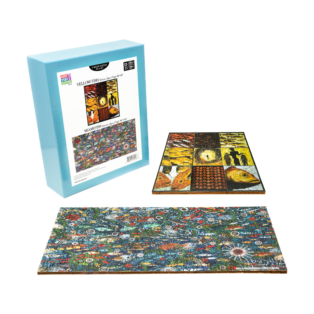 AreYouGame Yellow & Miami Fish 2 Pack Wooden Jigsaw Puzzles for Adults - Fun Brain Teaser & Home Decor - Perfect for Family Game Night & Stress Relief