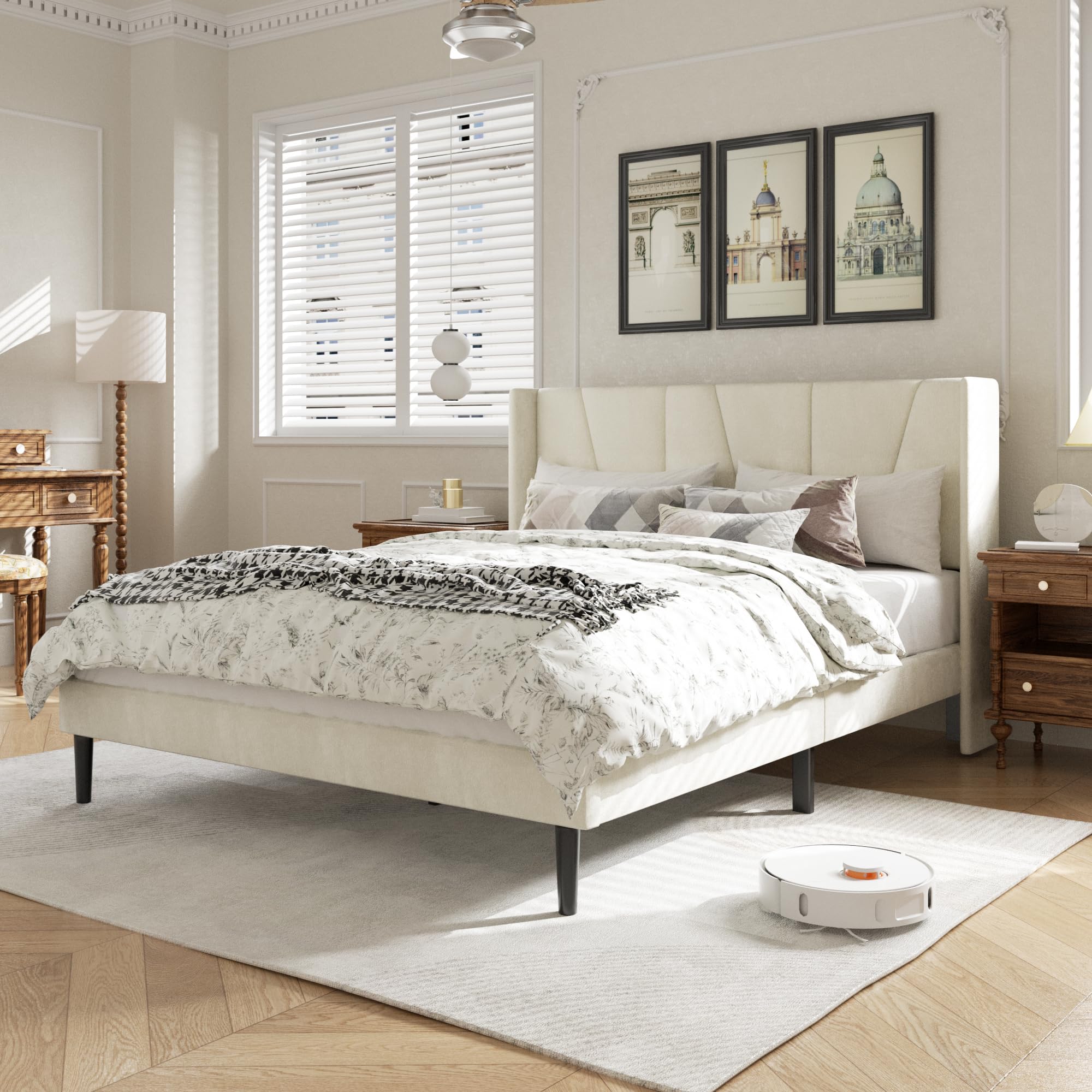 Full Size Bed Frame with Headboard - Velvet Upholstered Platform Bed Frame, Modern Mattress Foundation, Noise Free & No Box Spring Needed, Easy Assembly in Beige | Perfect for Small Bedrooms, Guest Rooms & Contemporary Home Decor