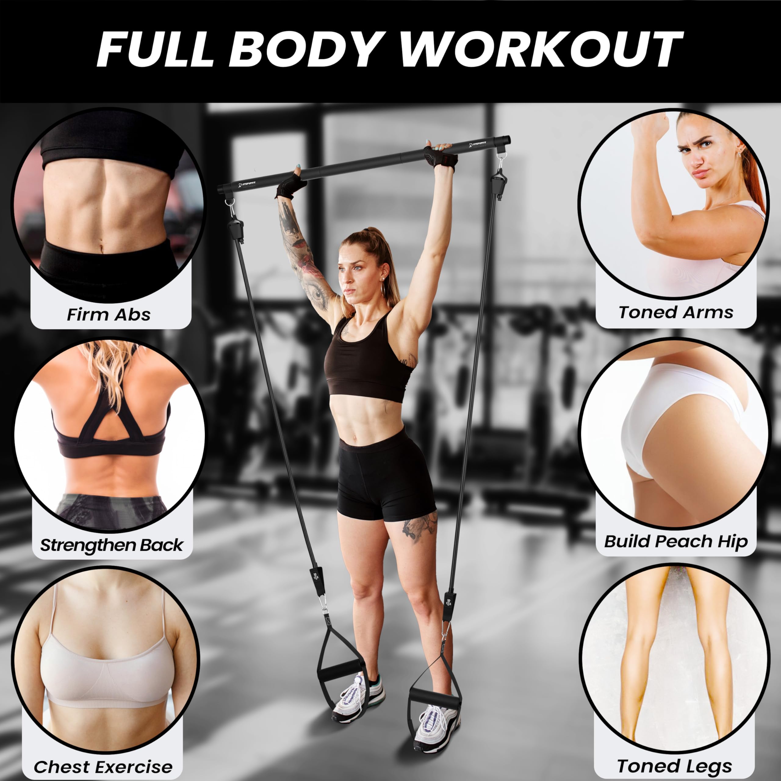 3-Section Yoga Pilates Bar Set with Resistance Bands & Jump Rope - Adjustable Home Gym Equipment for Full Body Workout - Perfect for Travel, Men & Women of All Heights - Ideal for Yoga, Pilates, Strength Training & Cardio Exercises
