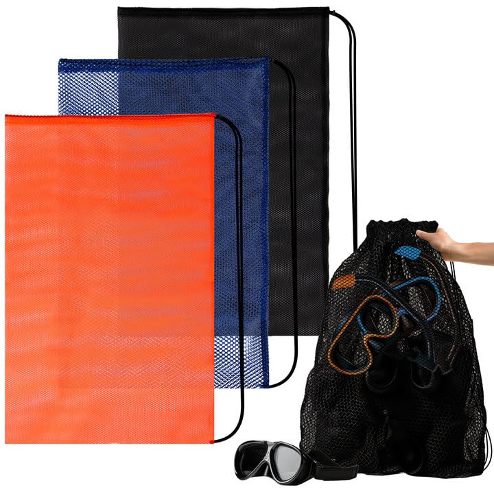 3PCS Mesh Drawstring Bags - Durable Snorkel & Dive Bags for Swimming Gear, Beach Toys, Camping Clothes | Waterproof Sports Storage Bags for Pool, Ocean & Outdoor Activities