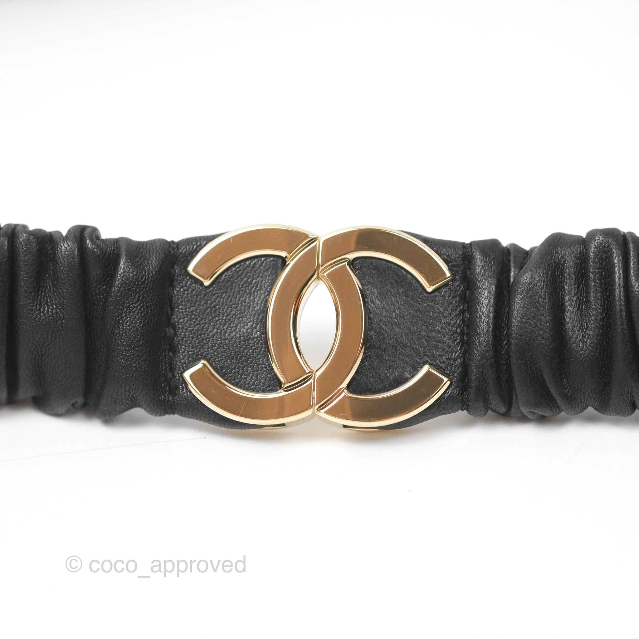 Chanel CC Ruched Belt in Black Lambskin Leather with Gold-Tone Hardware 21K - Luxury Designer Waist Belt for Women, Perfect for Evening Dresses & Special Occasions