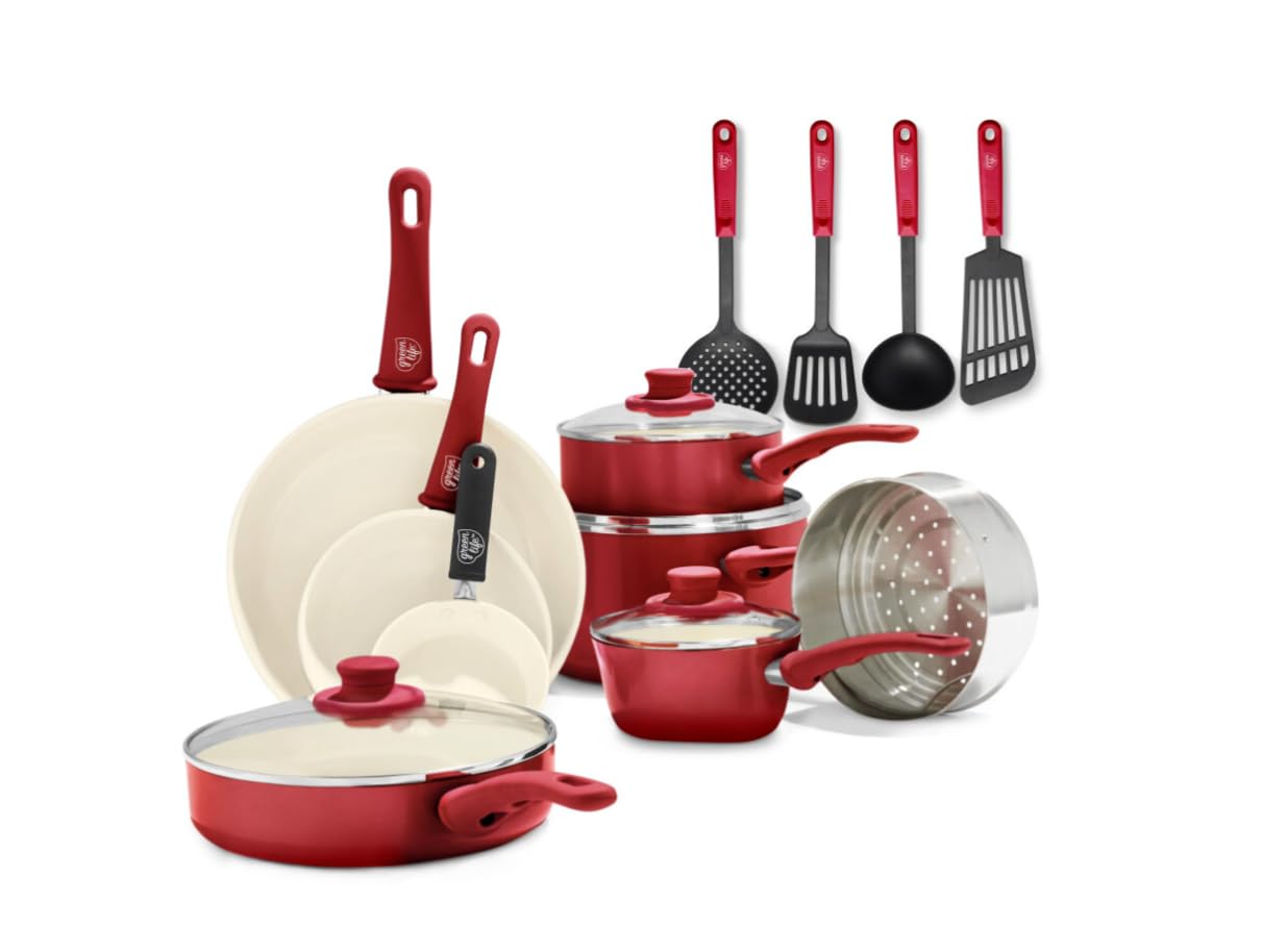 GreenLife Soft Grip 16-Piece Non-Toxic Ceramic Nonstick Cookware Set - PFAS-Free Pots & Pans with Glass Lids, Stay-Cool Handles - Frying, Sauteing, Boiling - Dishwasher & Oven Safe - Perfect for Home Cooking & Family Meals (Red)