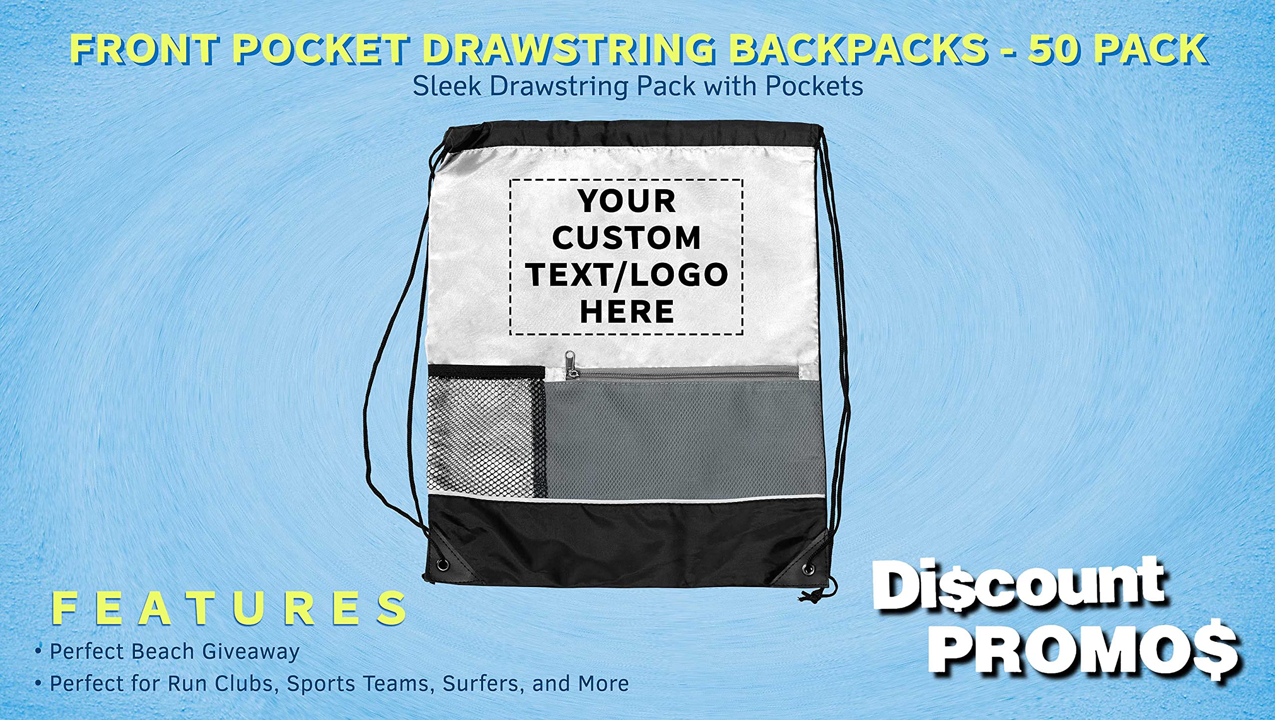 Custom Front Pocket Drawstring Backpacks - Bulk Set of 50 Personalized Reusable Bags | Lightweight Sports Backpack for Gym, Travel & Promotional Events | White Drawstring Bags for Schools, Events & Giveaways