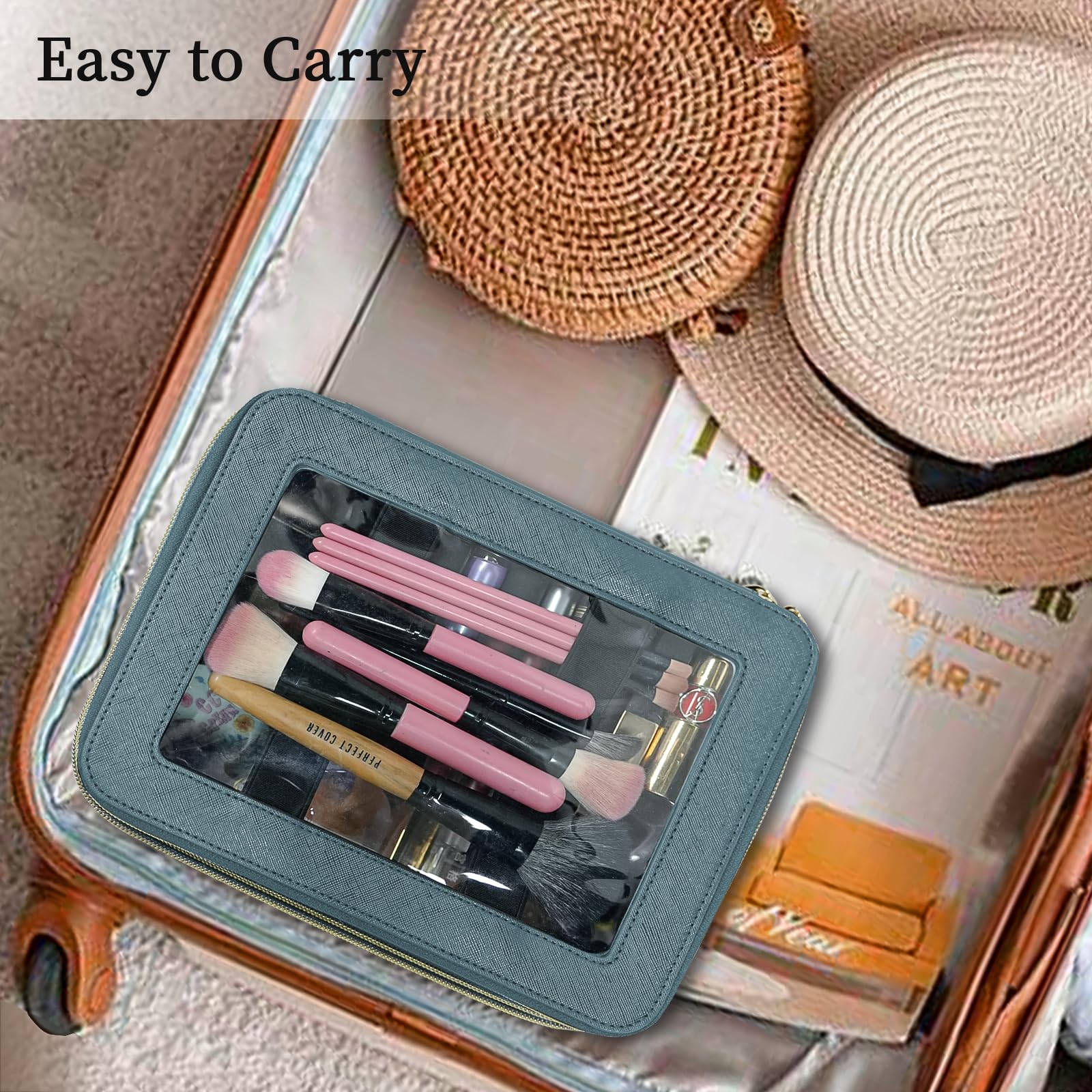 Clear Makeup Bag Organizer - Waterproof Travel Toiletry Bag for Women | Portable Cosmetic Storage with Gold Zippers | Perfect for Travel, Gym & Daily Organization (Blue)
