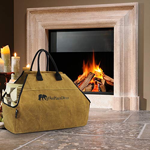 Heavy Duty Waxed Canvas Firewood Tote Bag - Extra Large Log Carrier with Reinforced Handles & Embroidered Logo - Durable Wood Hauling Bag for Camping, Fireplace & Outdoor Use