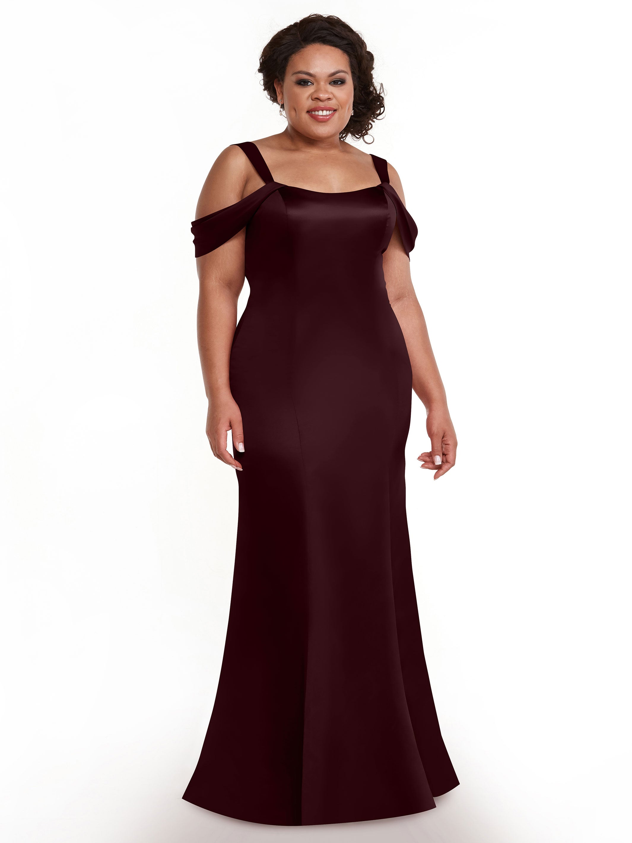 Elegant 80151 Fitted Satin Bridesmaid Dress with Off-The-Shoulder Sleeves - Perfect for Weddings, Formal Events & Special Occasions