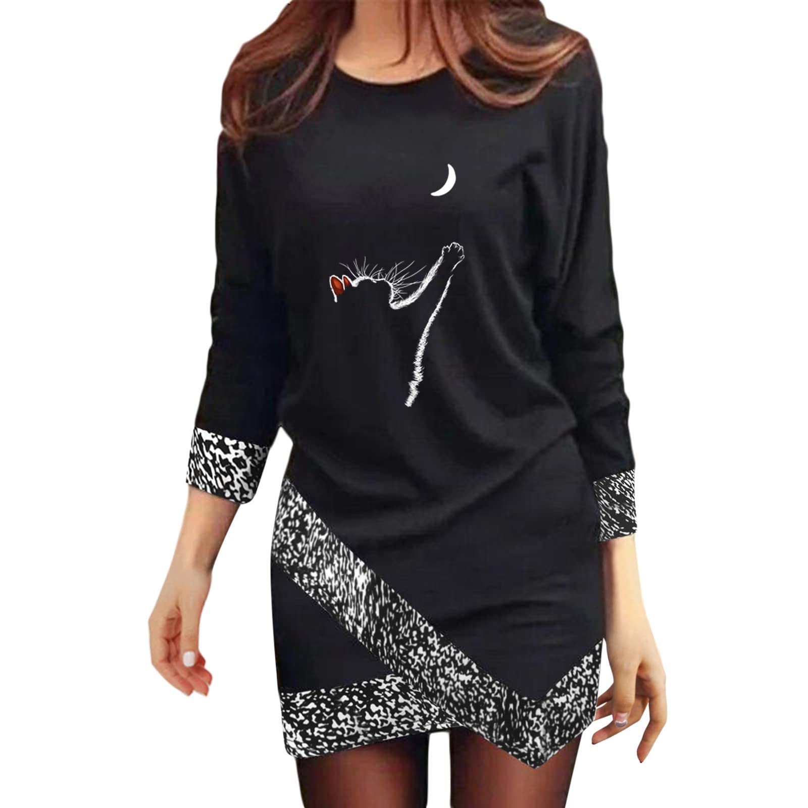 Women's Mini Round Neck Leopard Print Party Dress - Long Sleeve Cotton Tee Dress for Night Out, Club Wear & Casual Chic Outfits