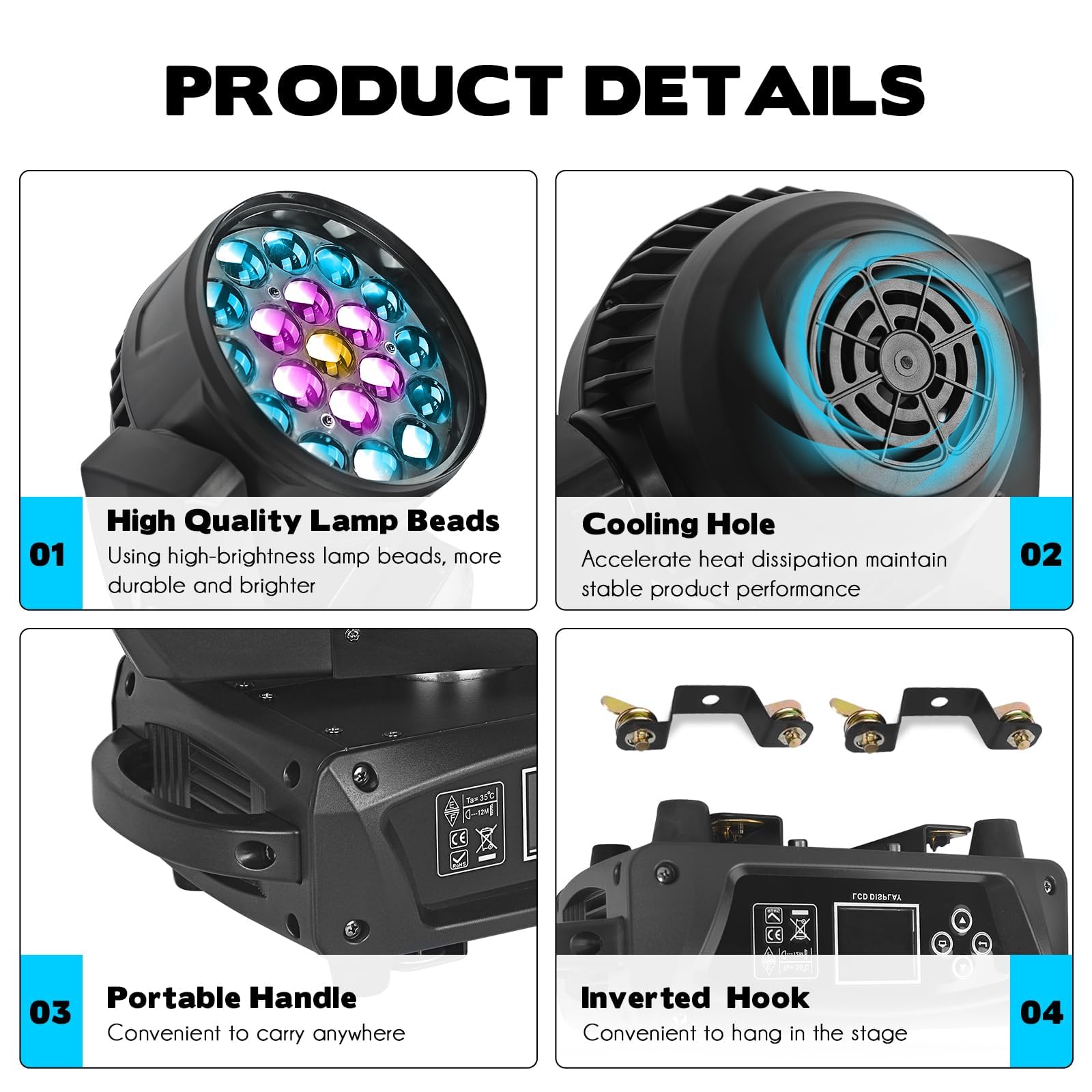19x15W RGBW 4-in-1 Moving Head LED DJ Light with Beam/Wash Zoom, Sound Activation & DMX Control - Perfect for Stage Shows, Disco Clubs, Wedding Parties and Live Events