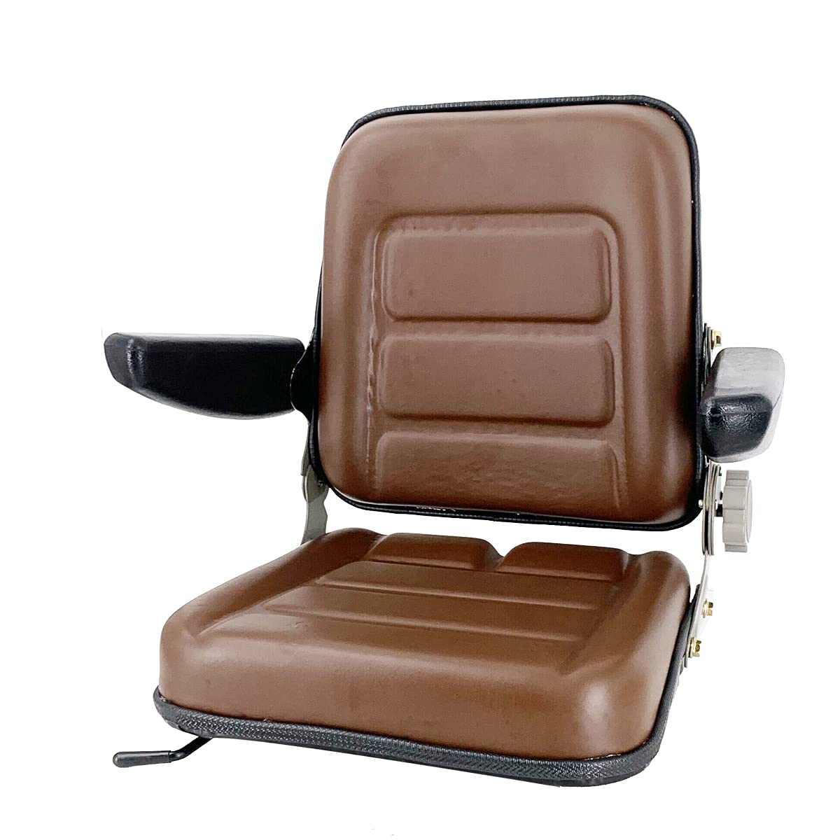 Universal Forklift Seat Replacement - Adjustable Brown Tractor Seat with PVC Cover, Foldable Design & Armrests | Fits Forklifts, Tractors, Skid Steers | Perfect for Construction, Farming & Industrial Equipment Comfort