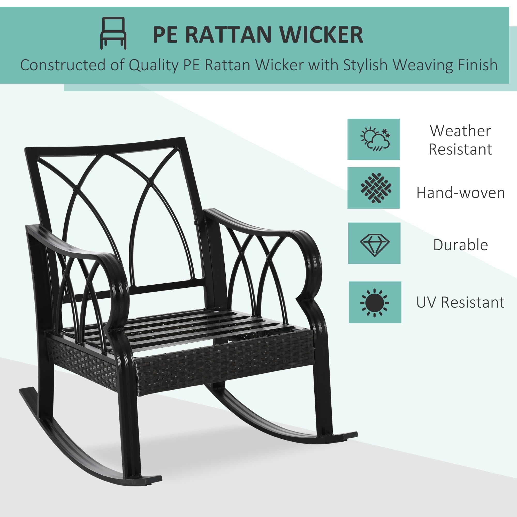 Outsunny Outdoor Wicker Rocking Chair with Padded Cushions - Aluminum Frame Rattan Porch Rocker with Armrests for Patio, Garden & Backyard - Comfortable Khaki Lounge Chair for Relaxing, Reading & Sunbathing