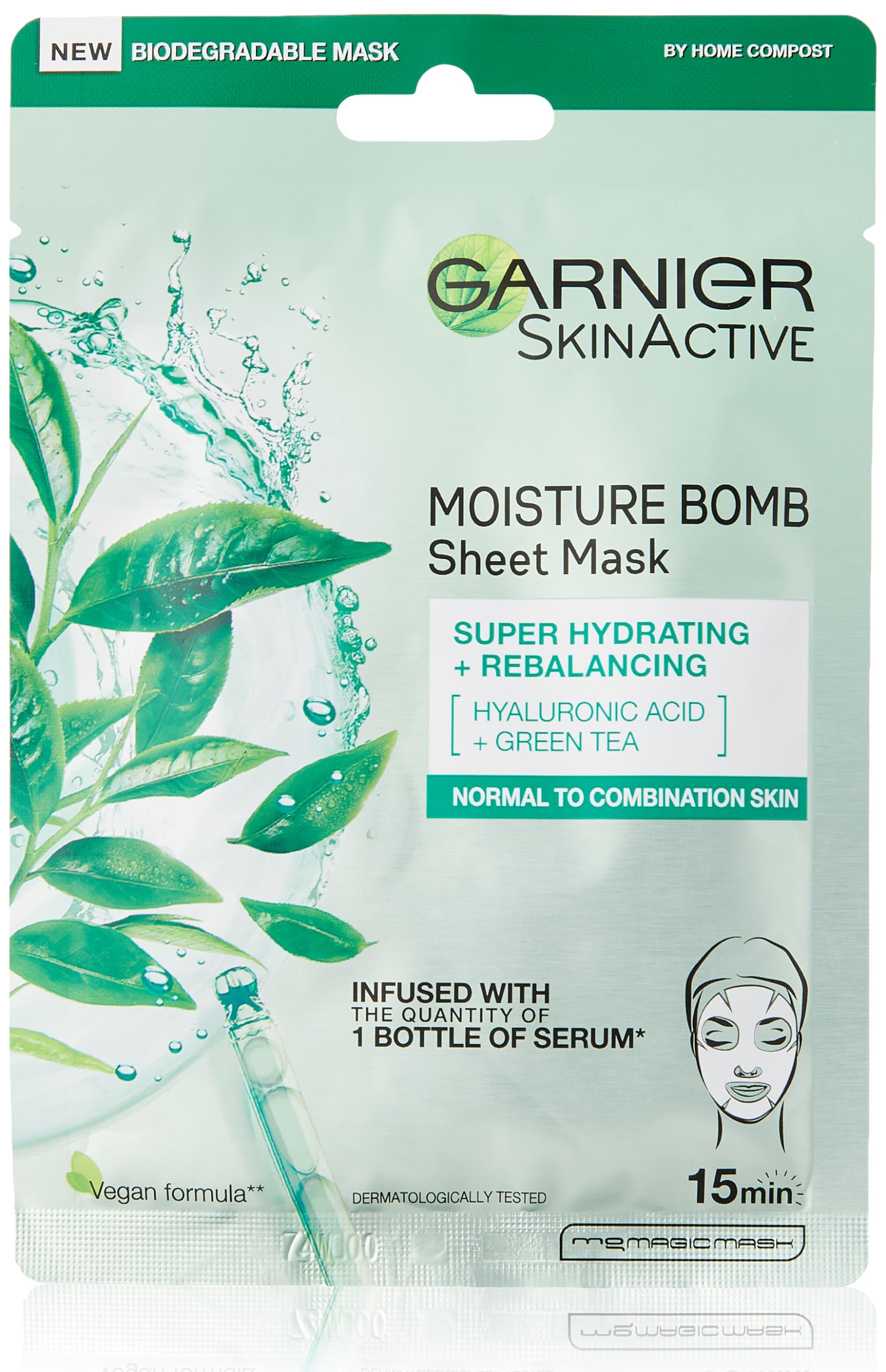 Garnier Moisture Bomb Green Tea Hydrating Face Sheet Mask - Pack of 1 | Hydrating & Soothing Facial Mask for Dry Skin | Perfect for Skincare Routine & Self-Care Days