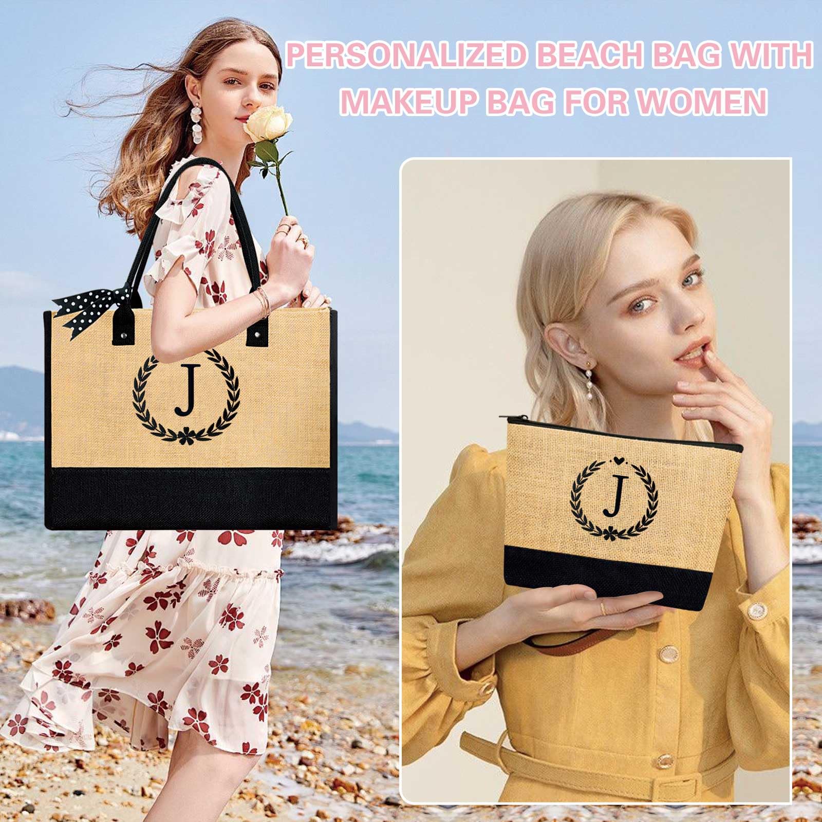 Personalized Initial Jute Tote Bag & Makeup Pouch with Zipper - Custom Gifts for Women, Bride & Mom - Perfect for Beach, Travel & Everyday Use