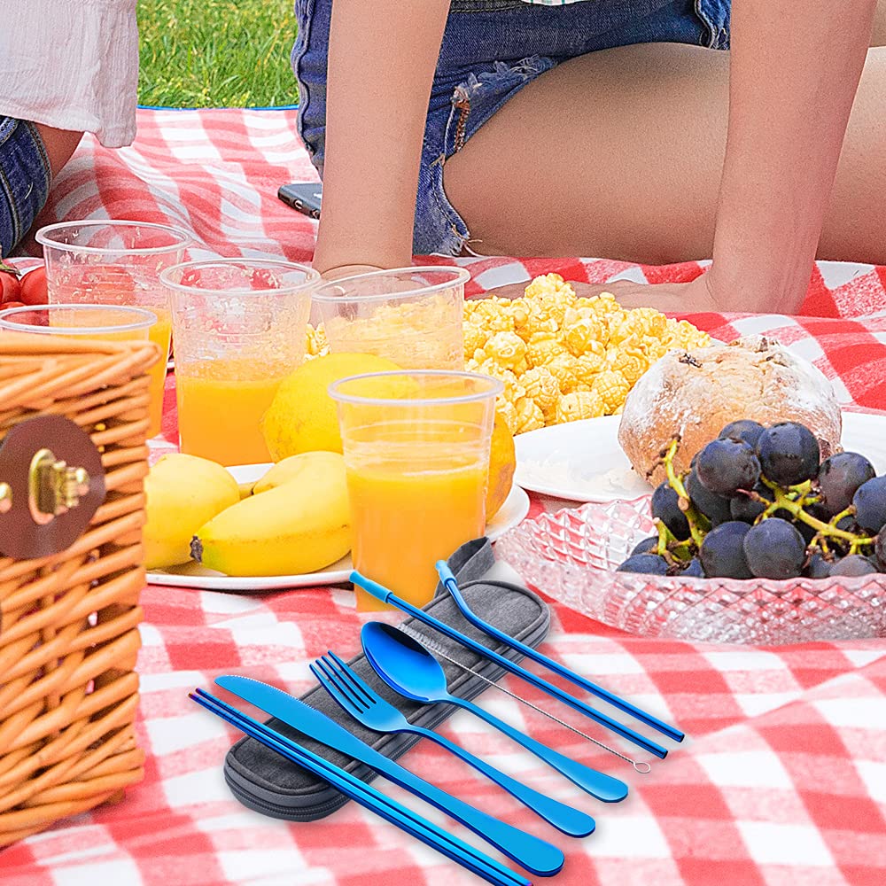 Reusable Stainless Steel Travel Utensil Set with Case - 8pc Portable Cutlery (Knife, Fork, Spoon, Chopsticks, Straws) - Blue | Eco-Friendly Dining for Camping, Picnics & Office Lunch