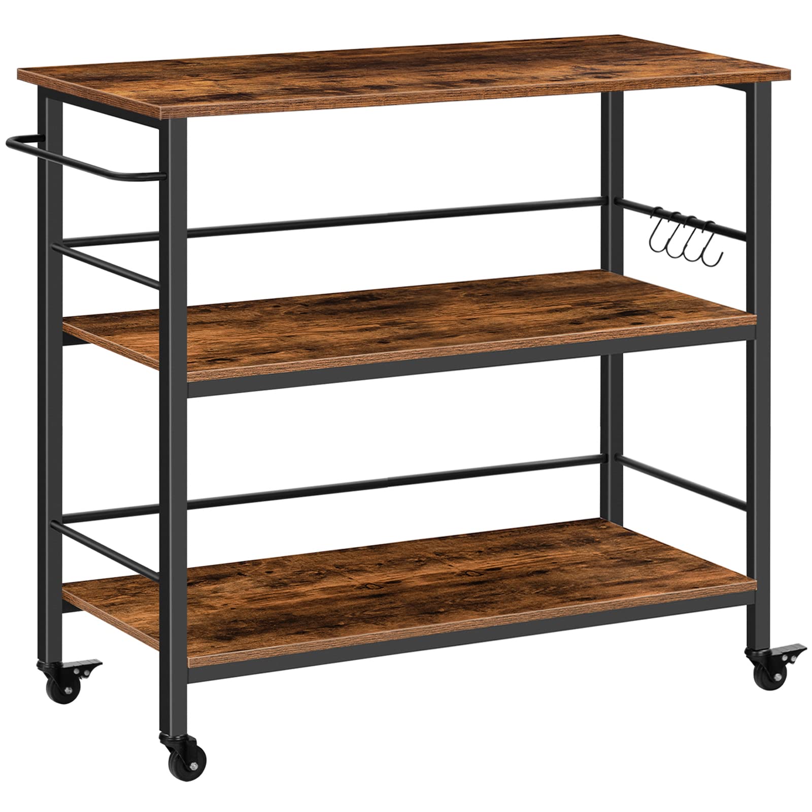 HOOBRO Industrial Kitchen Island Cart with Storage, 3-Tier Rolling Kitchen Counter with Hooks & Side Enclosures, Large Workstation - Space Saving, Easy Assembly, Rustic Brown & Black (BF03ZD01) - Perfect for Small Kitchens, Food Prep & Extra Counter Space