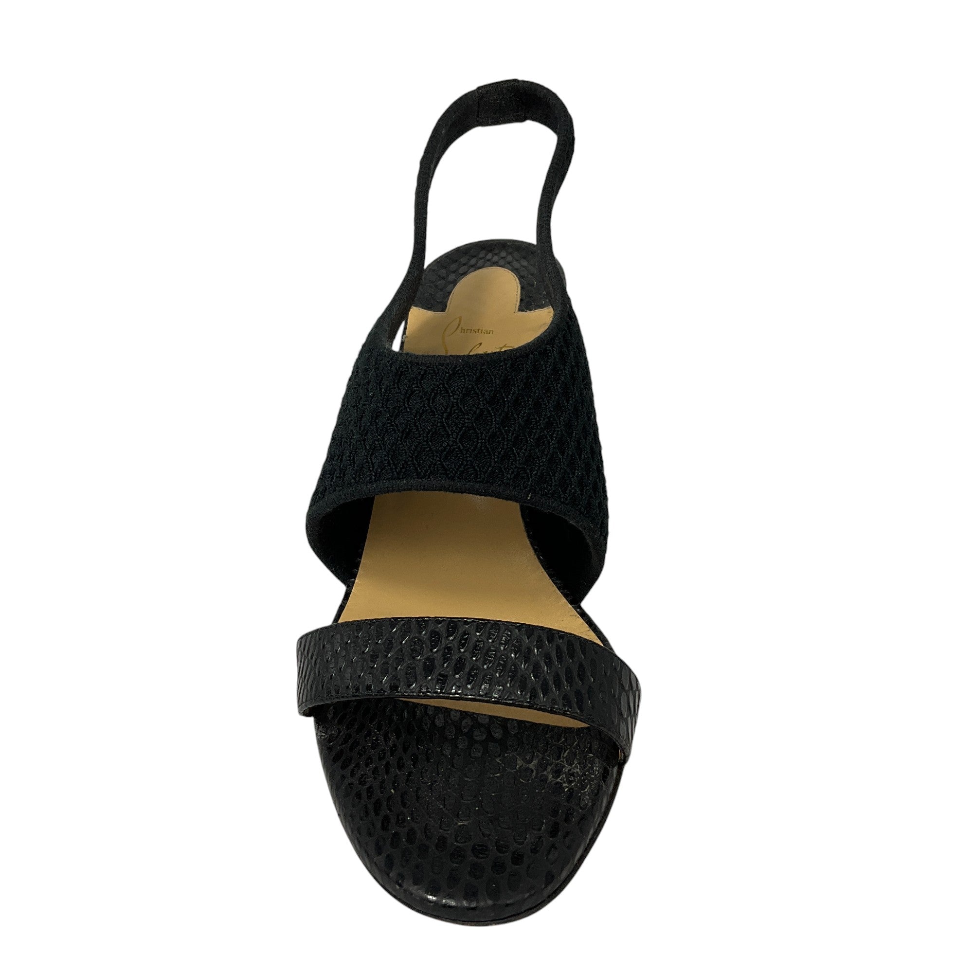 Christian Louboutin Black Embossed Leather & Knit Slingback Sandals for Women - Luxury High Heel Open Toe Shoes for Parties, Weddings & Evening Events
