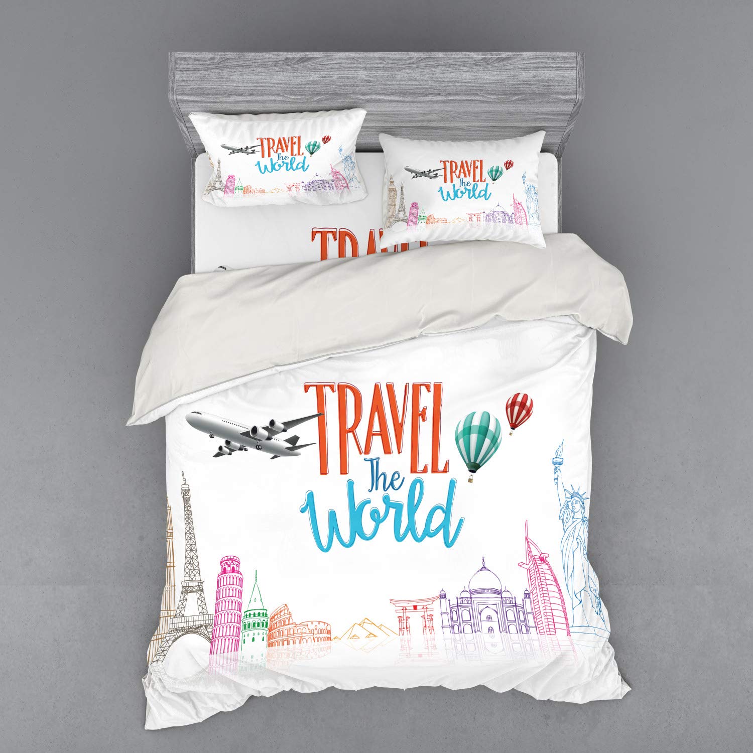 Ambesonne Travel The World Duvet Cover Set - 4 Piece Queen Size Bedding with Shams & Fitted Sheet, Multicolor World Landmarks Balloon Design | Perfect for Wanderlust Bedrooms, Travel Theme Decor & Gift for Adventurers
