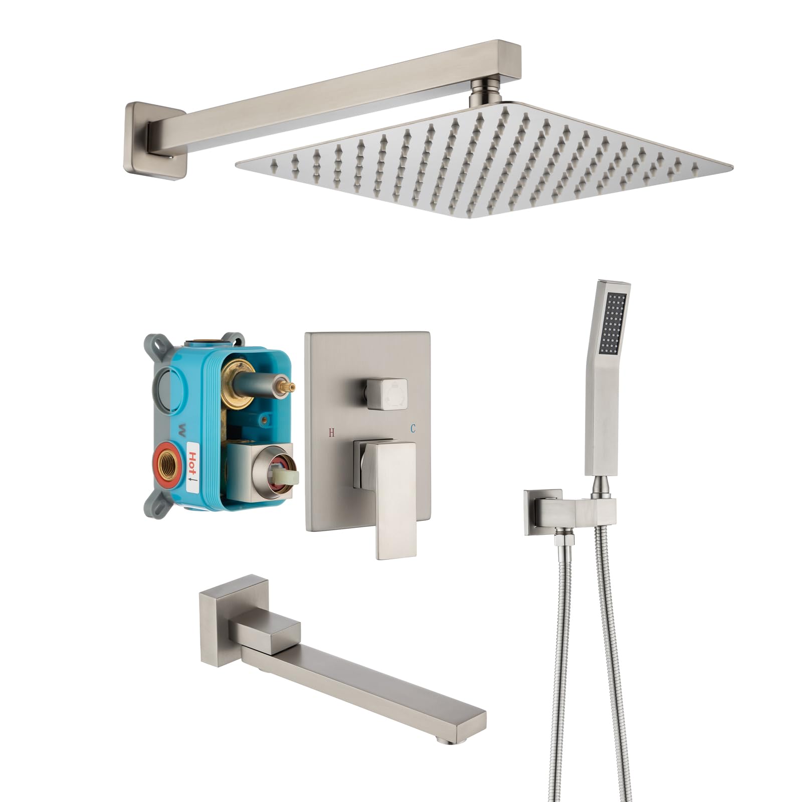 Premium Brushed Nickel Shower System - Complete Bathroom Faucet Set with Tub Spout, Waterfall Shower Head, Handheld Shower & 12-Inch Rain Shower | Wall Mounted Installation | Perfect for Modern Bathroom Renovation & Spa-Like Shower Experience