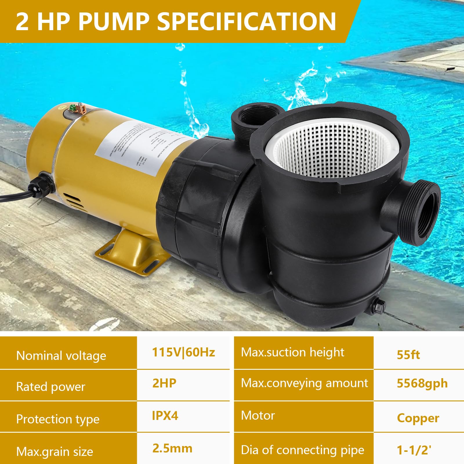 2HP Single Speed Swimming Pool Pump - 115V, 5568GPH High Flow Above/In-Ground Water Pump with Filter Basket | Powerful Priming, Low Noise | Perfect for Family Backyard Pools, Spas & Water Features