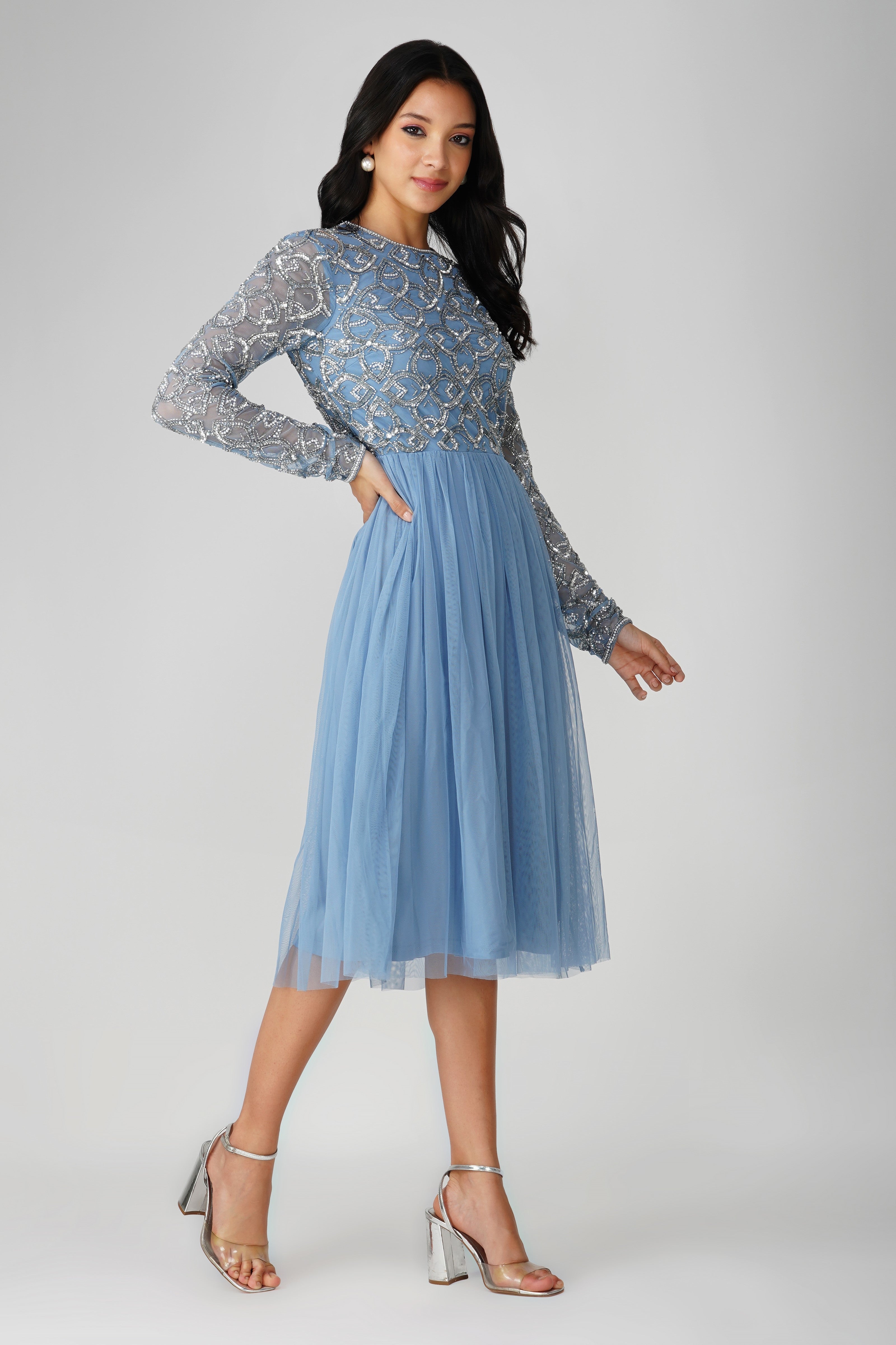 Powder Blue Mandarin Embellished Midi Dress for Women - Elegant Floral Print Party & Wedding Guest Dress