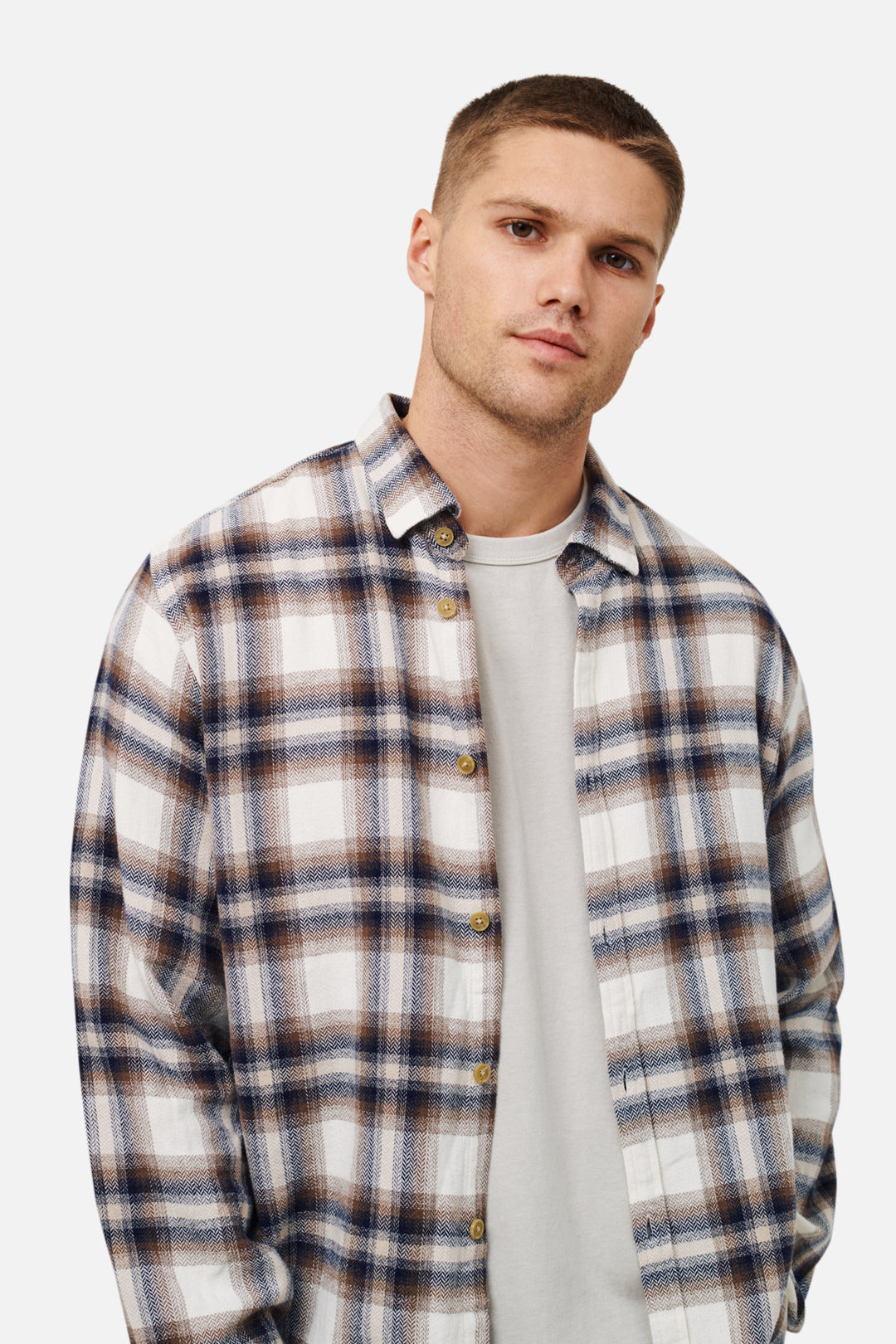 Attwater Long Sleeve Shirt for Men - Stone & Navy Plaid Flannel Button-Up - Perfect for Casual Wear, Outdoor Adventures & Layering in Fall & Winter