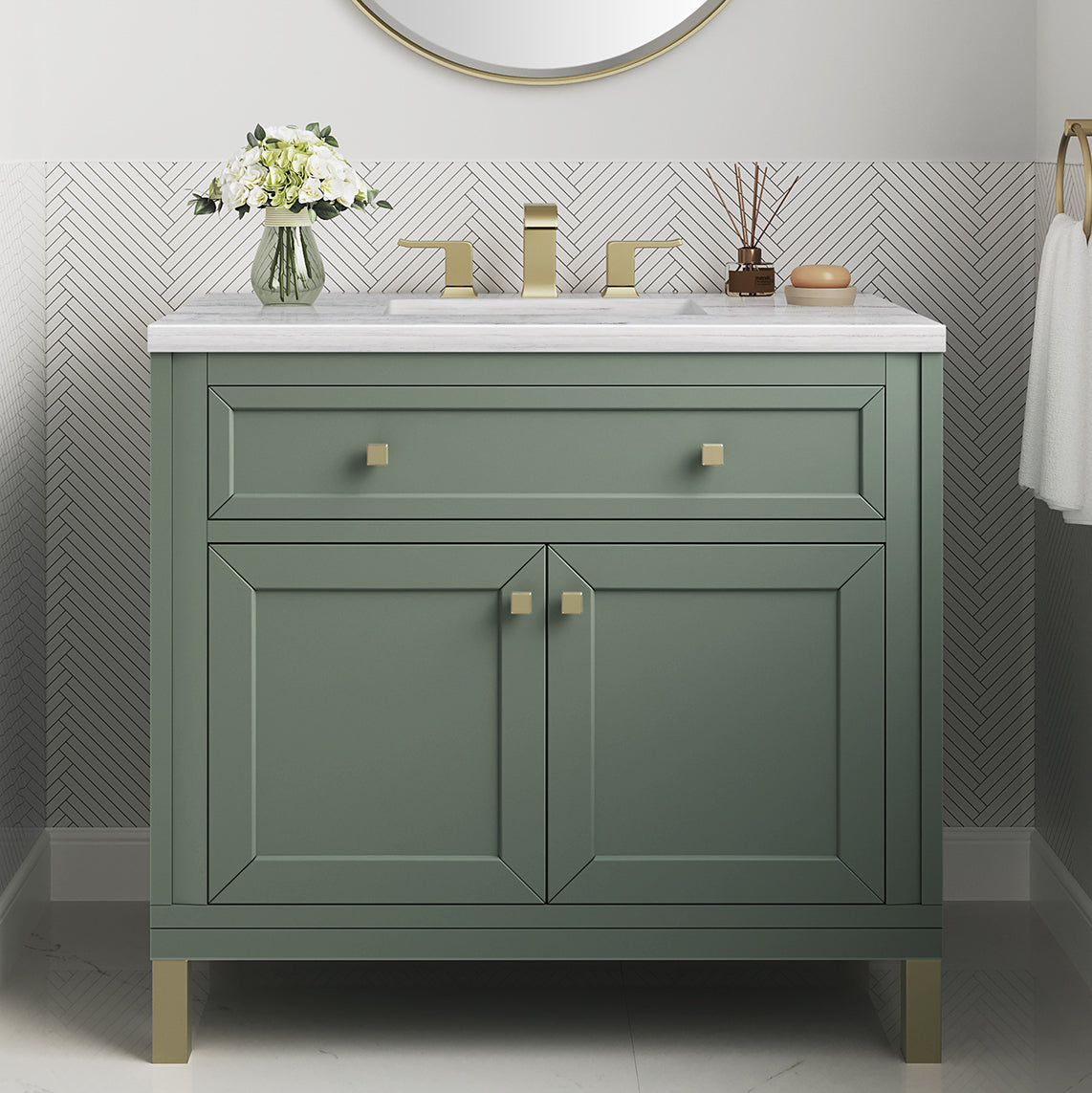 James Martin Vanities Chicago Collection 36 Inch Single Bathroom Vanity in Smokey Celadon with Countertop Options - Modern Farmhouse Style for Small Bathrooms & Powder Rooms