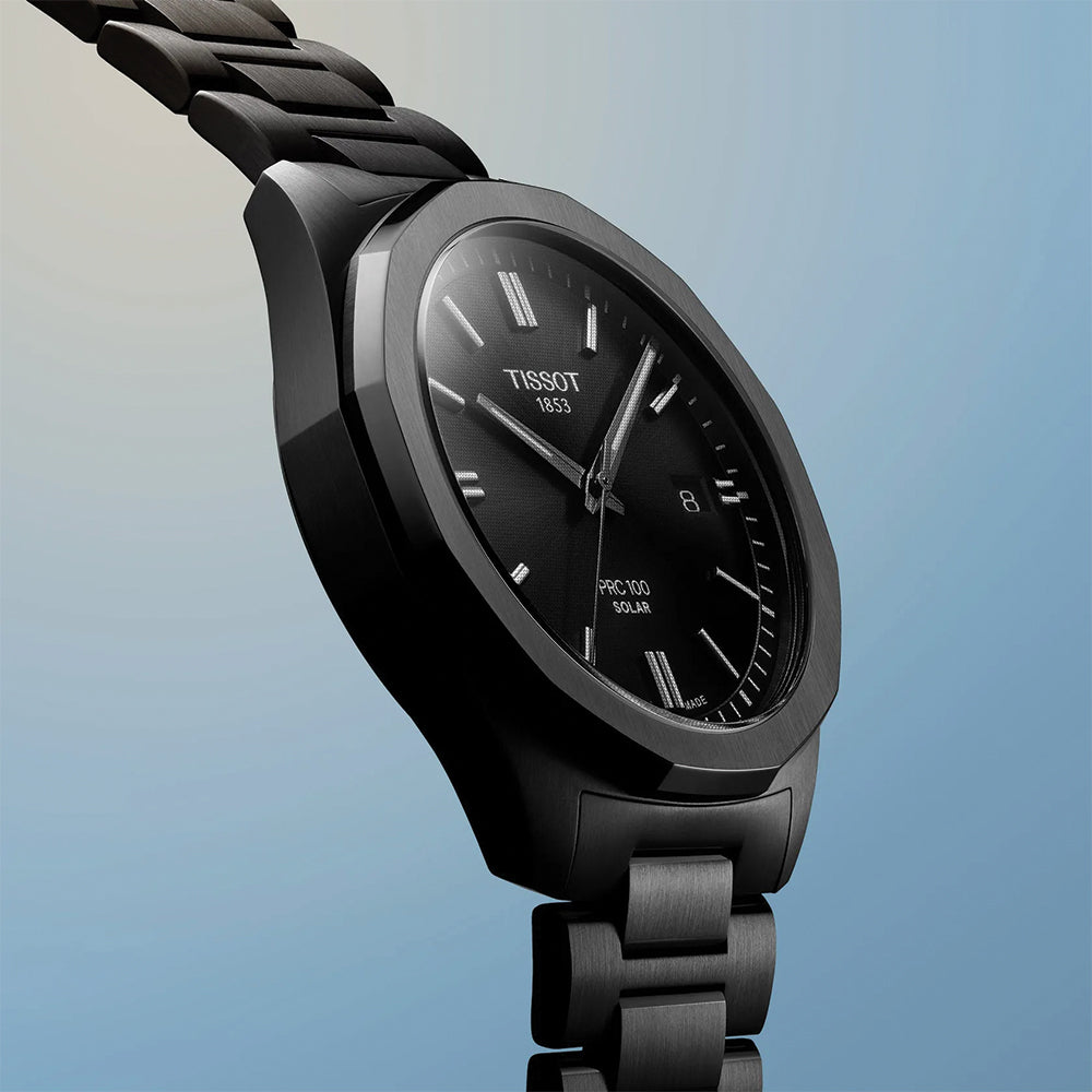 PRC 100 Solar Quartz 39mm Black Stainless Steel Bracelet Watch for Men - Perfect for Outdoor Activities, Business & Casual Wear
