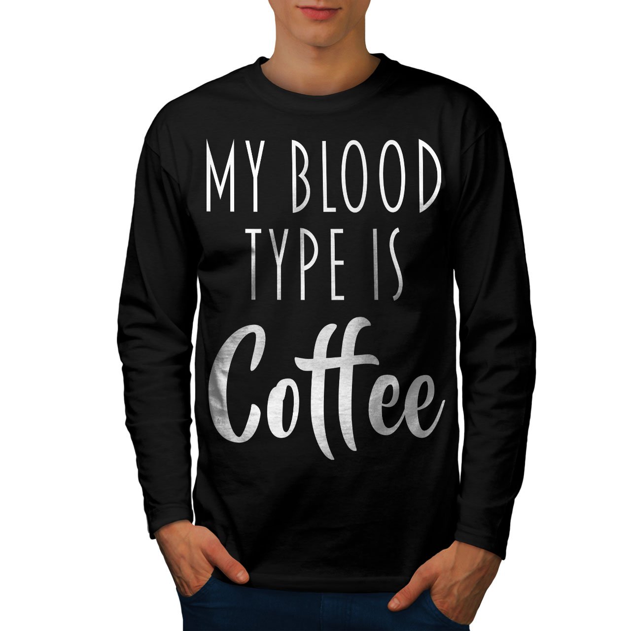 Wellcoda Men's Blood Type Long Sleeve T-Shirt with Coffee Print - Casual Streetwear
